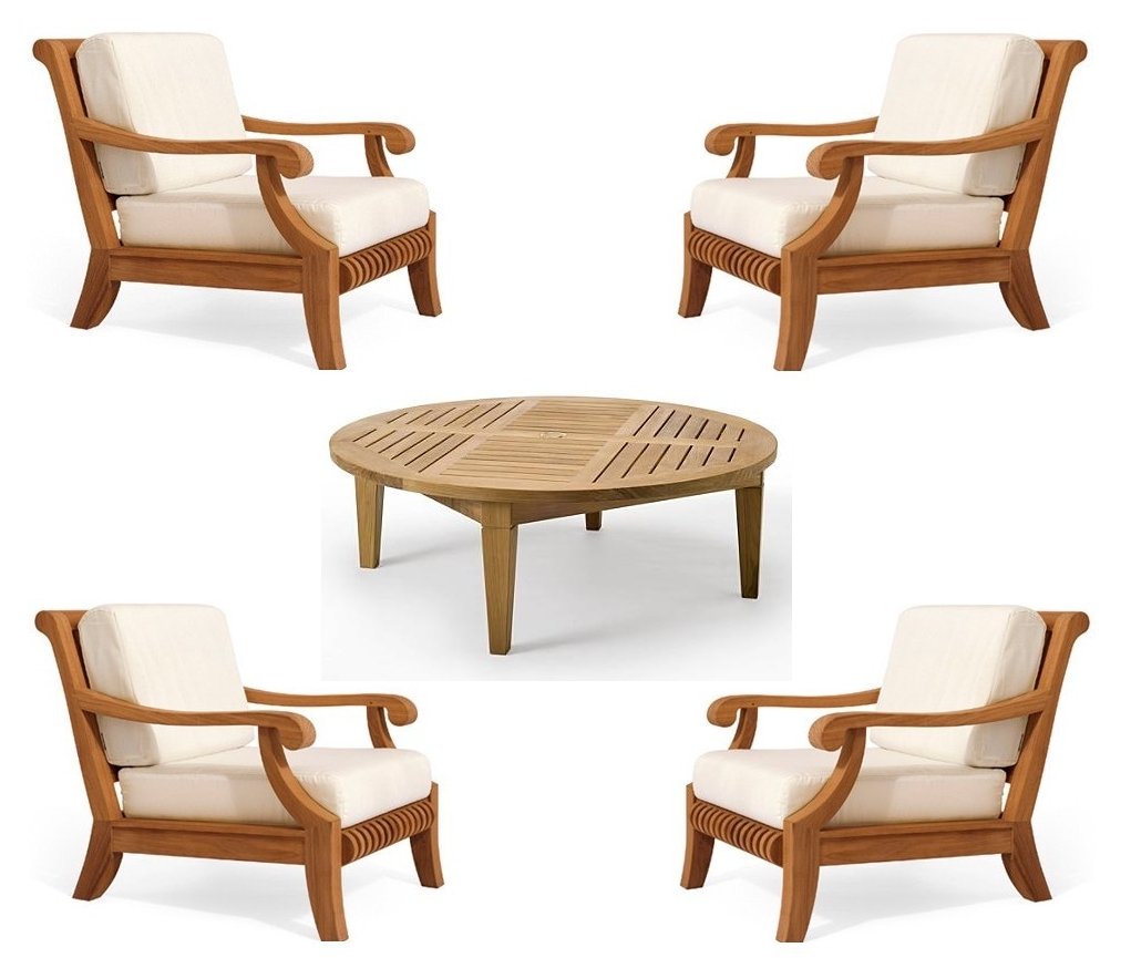 Premium 5-Piece Teak Outdoor Furniture Set - 4 Lounge Chairs & Round Coffee Table - Patio, Garden, Poolside Luxury Seating - Giva Collection #WHSSGV4