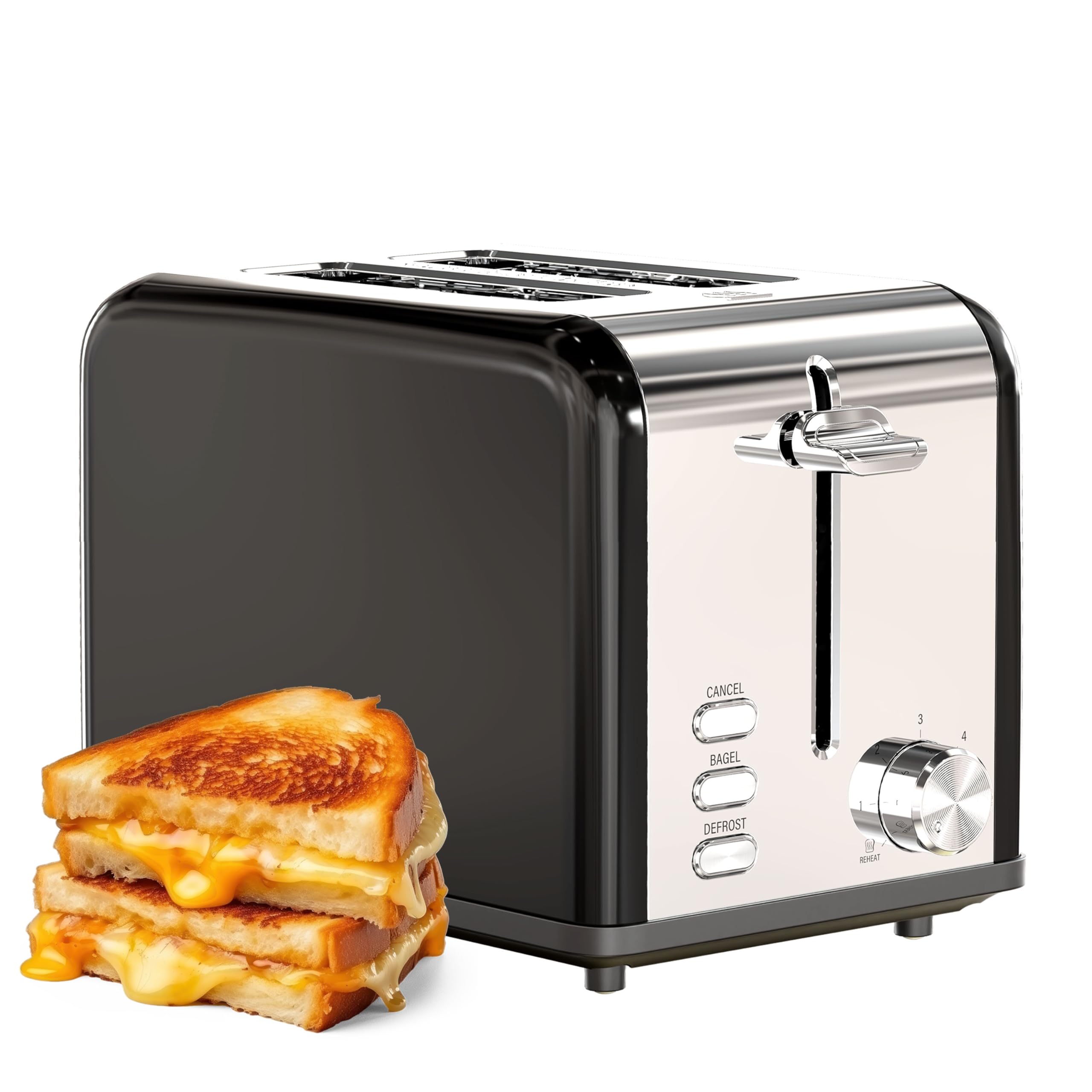 YSSOA 2-Slice Stainless Steel Toaster with 6 Browning Settings & 3 Functions - Extra Wide Slots for Bread, Bagels & Waffles - Removable Crumb Tray - Perfect for Breakfast, Office & Dorm Rooms - Black