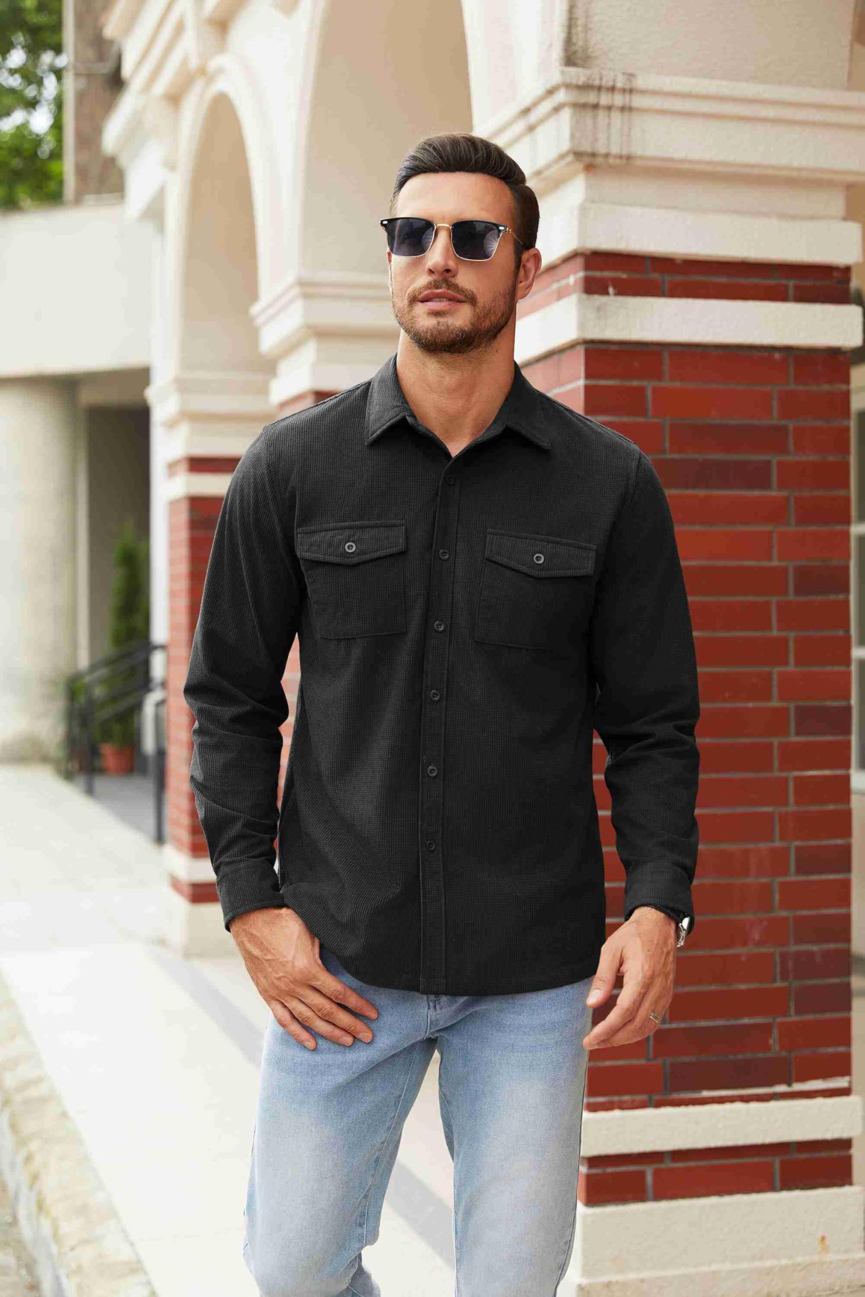 COOFANDY Men's Lightweight Waffle Shirt Jacket - Long Sleeve Button Down Shacket with Flap Pockets | Casual Overshirt for Work, Date Night & Outdoor Activities