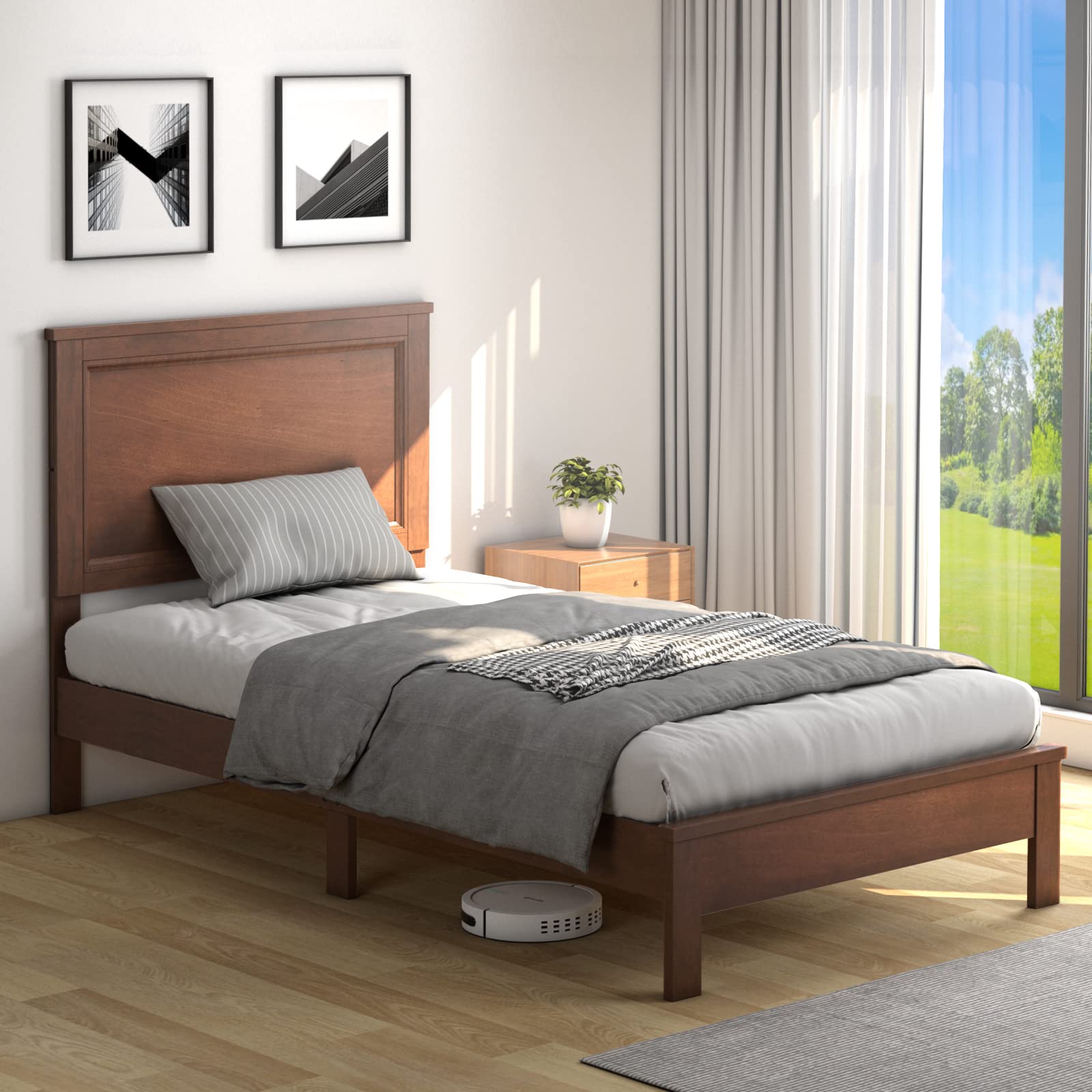 KOMFOTT Twin Size Wood Platform Bed Frame with Headboard - Mid Century Modern Walnut Bed with Slat Support & Under Bed Storage - No Box Spring Needed - Perfect for Small Bedrooms, Guest Rooms & Dorm Rooms