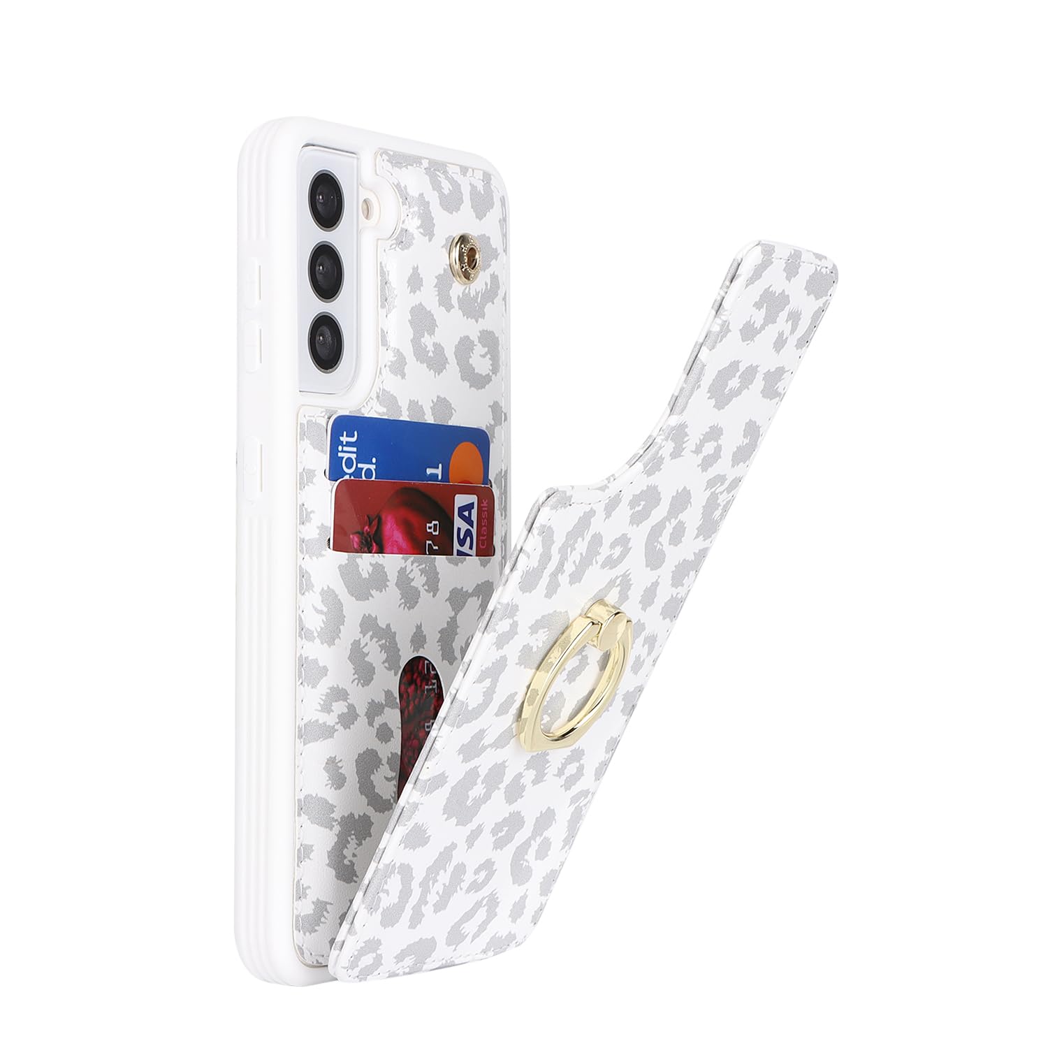 Samsung Galaxy S21 5G Wallet Case with Card Holder & Ring Stand - Cute White Leopard Design for Women (6.2