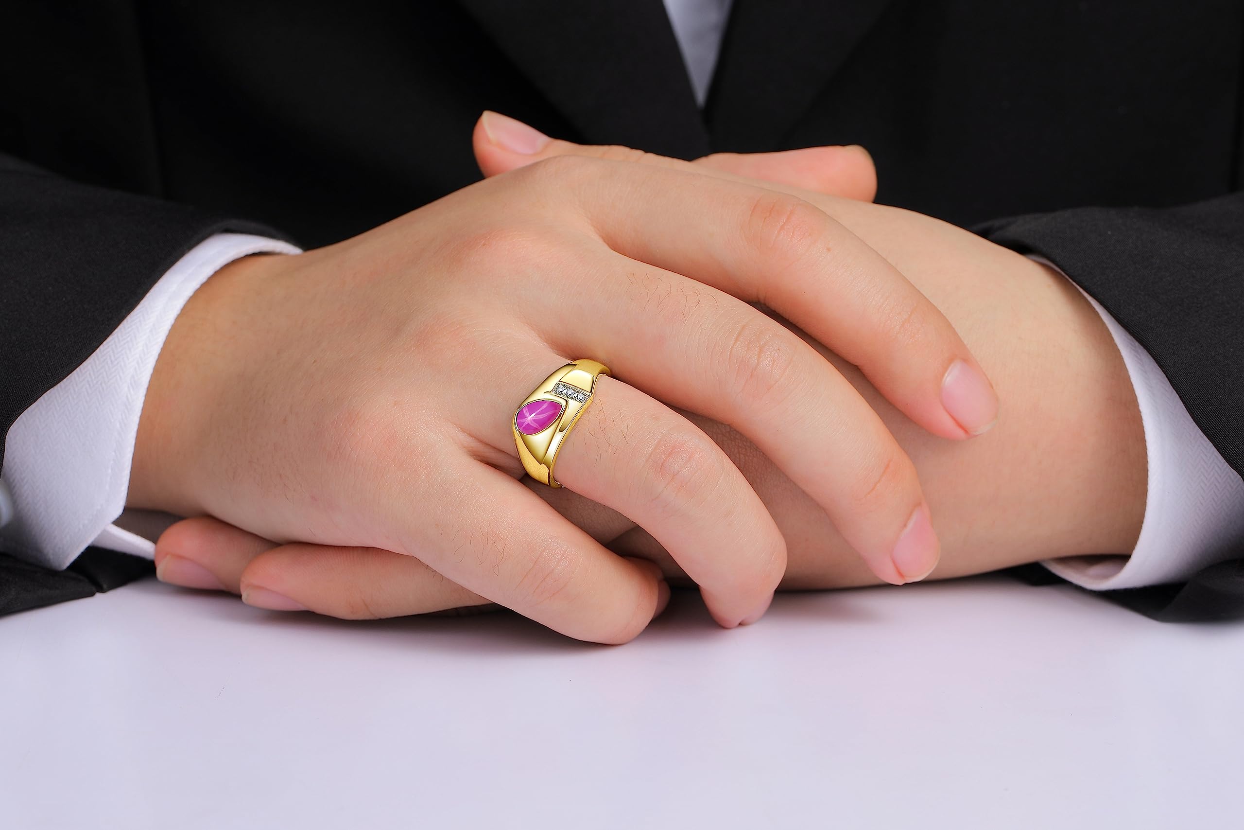 Rylos Men's Pear Shape Cabochon Gemstone & Diamond Rings - Elegant Tear Drop Yellow Gold Plated Silver Rings for Men (Sizes 8-13) - Perfect for Weddings, Anniversaries & Special Occasions