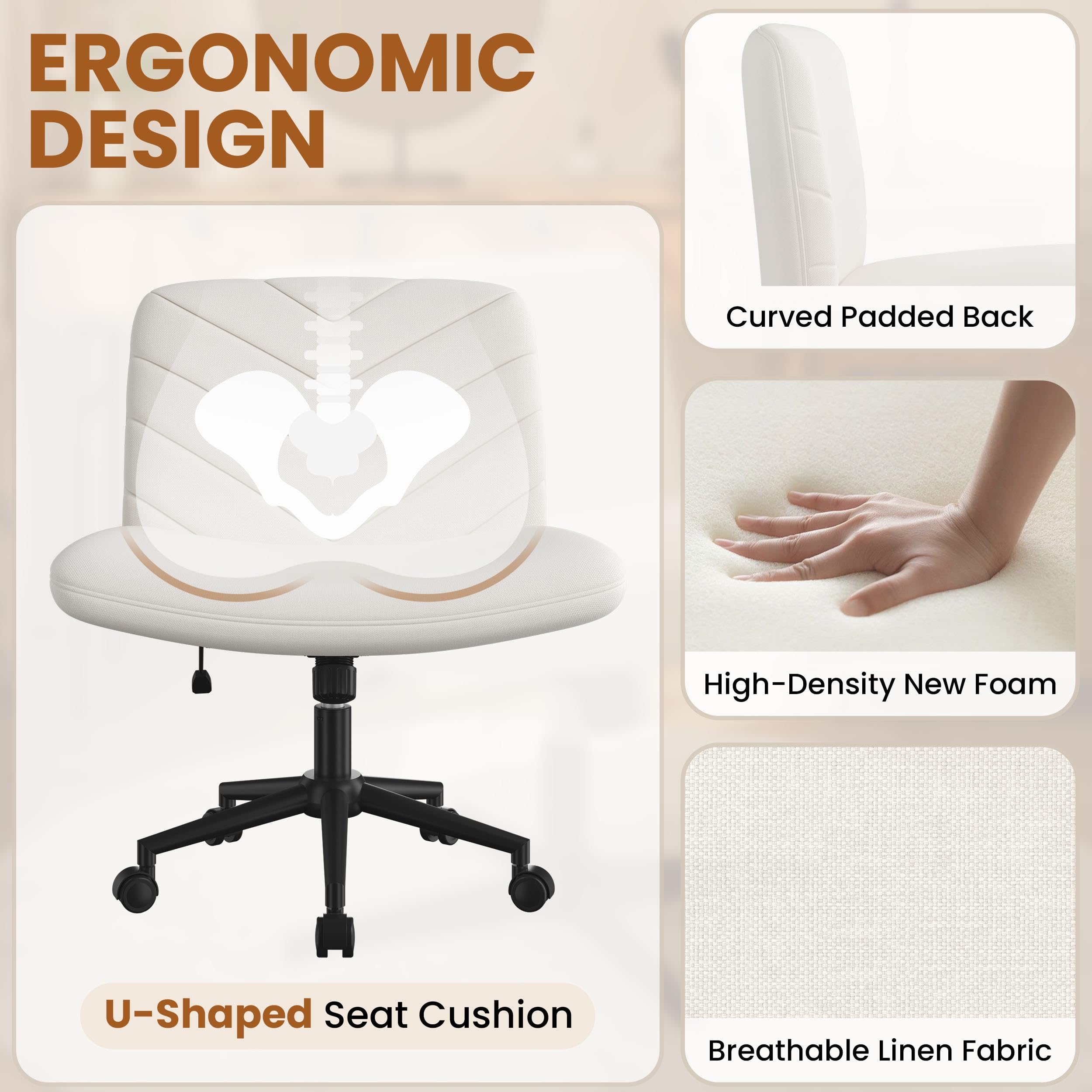 Yaheetech Ergonomic Wide Criss Cross Chair with Wheels - Adjustable Swivel Armless Office Chair for Home & Workspace, Comfortable Computer Desk Chair for Work, Gaming & Study - Beige Modern Vanity Chair for Bedroom & Dressing Room
