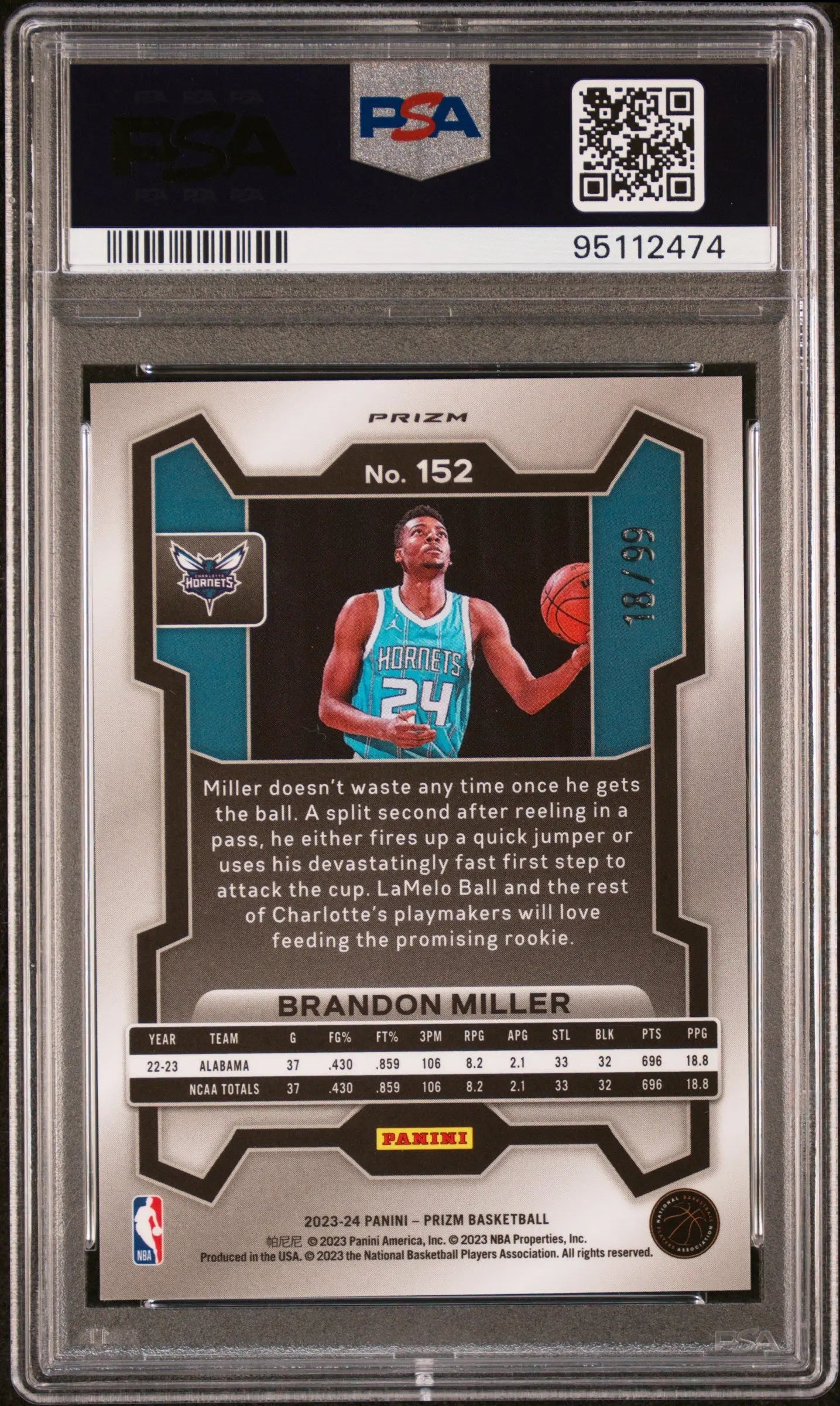 2023 Panini Prizm Basketball Brandon Miller Rookie Blue Seismic PSA 10 Gem Mint /99 - Rare Collectible Trading Card for NBA Fans & Sports Memorabilia Collectors - Perfect for Display, Investment, and Trading Card Games