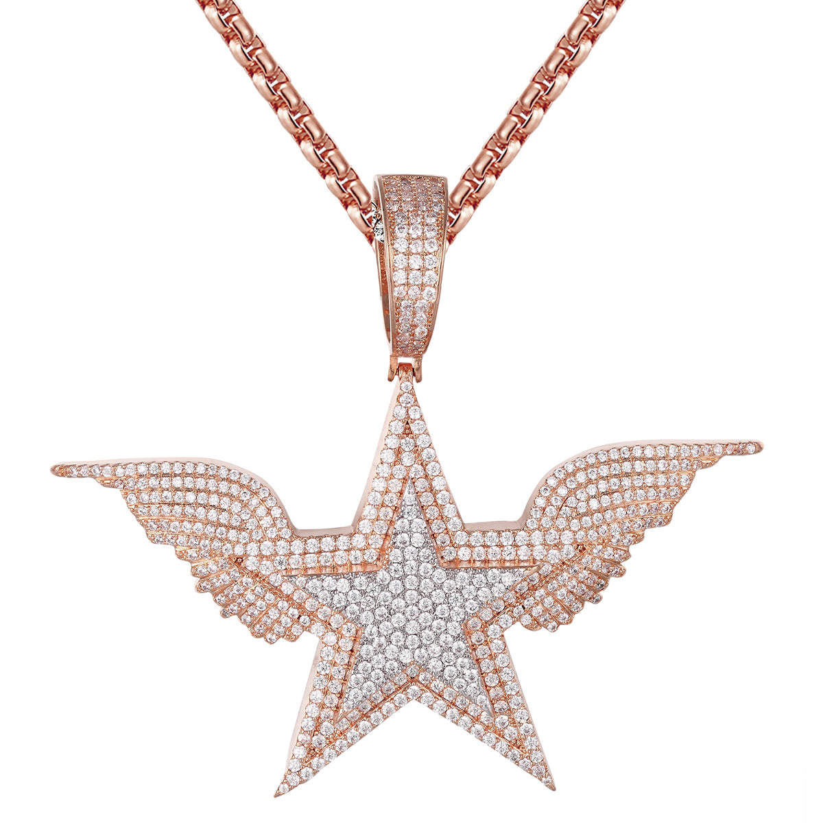 Rose Gold Plated Angel Wings Pendant Necklace - Sterling Silver Icy Micro Pave Tennis Chain for Men & Women - Perfect for Hip Hop Fashion, Rapper Style & Everyday Wear