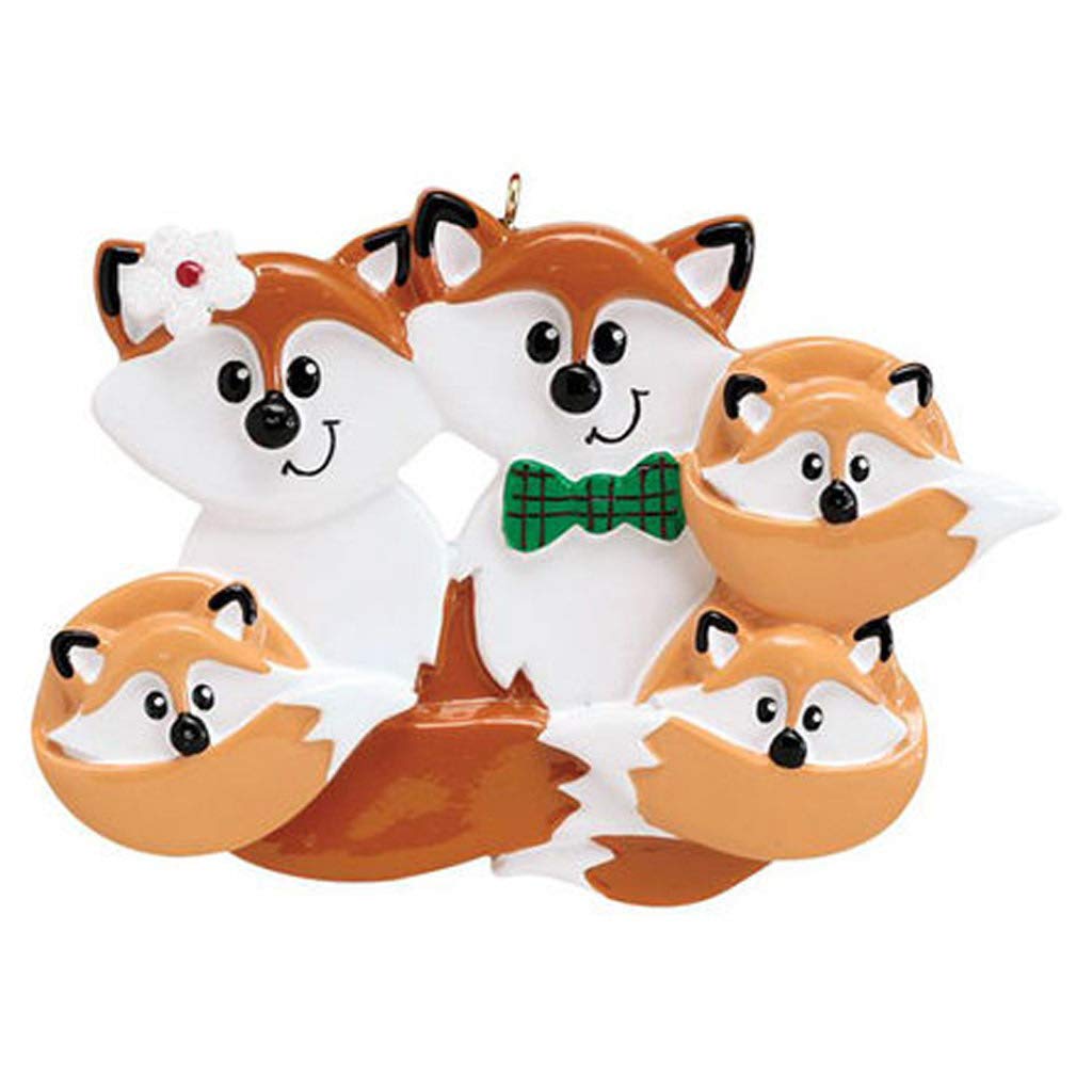 Custom Red Fox Family Christmas Tree Ornament - Personalized Engraved Holiday Decoration for Family of 5 (2023 Collection) | Perfect for Christmas Gifts, Tree Decor & Family Keepsakes