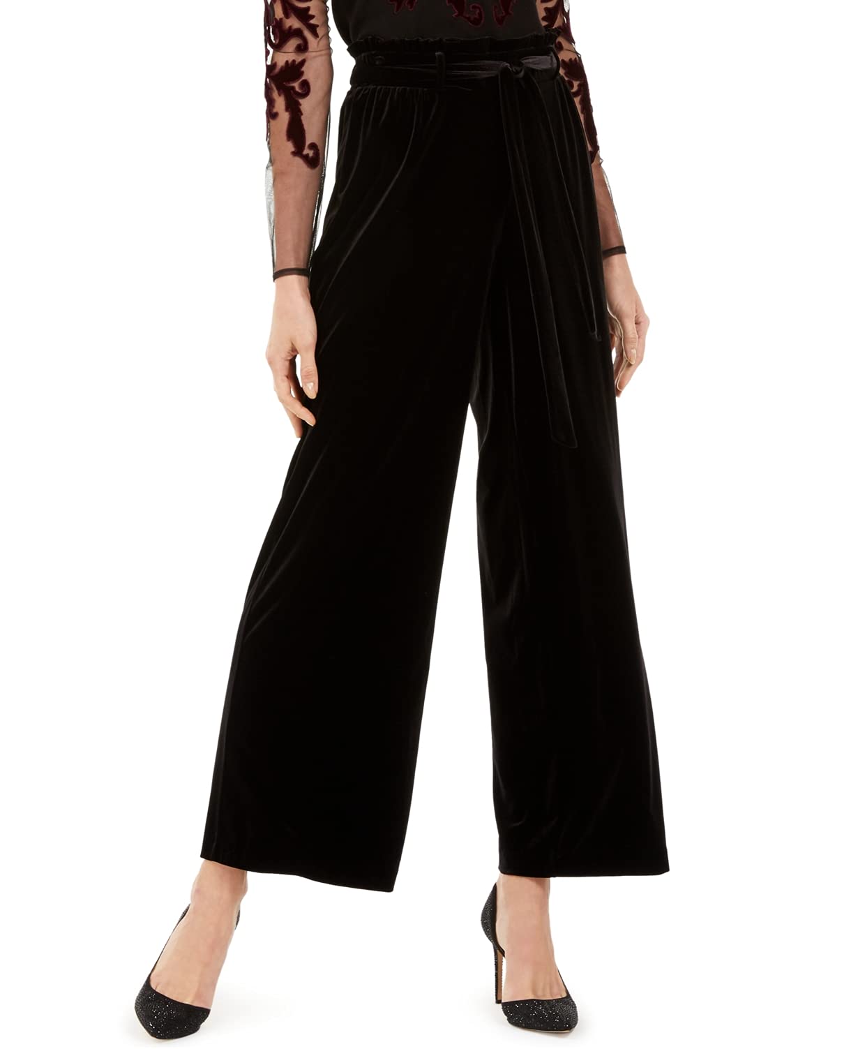 INC Women's Velvet Wide-Leg Paperbag Waist Pants - Soft Stretchy High Waisted Trousers for Work, Party & Casual Wear