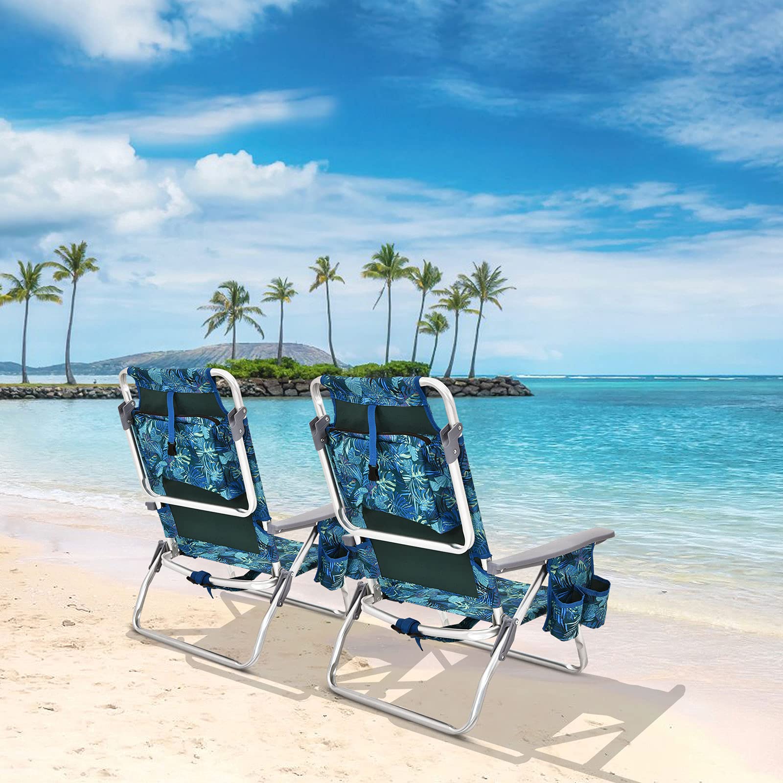 GYMAX 4-Pack Portable Folding Beach Chairs with Cooler Bag, Cup Holder & Pockets - Lightweight Backpack Camping Chairs for Outdoor, Picnic, Poolside, Backyard & Beach Relaxation (Blue Leaves)