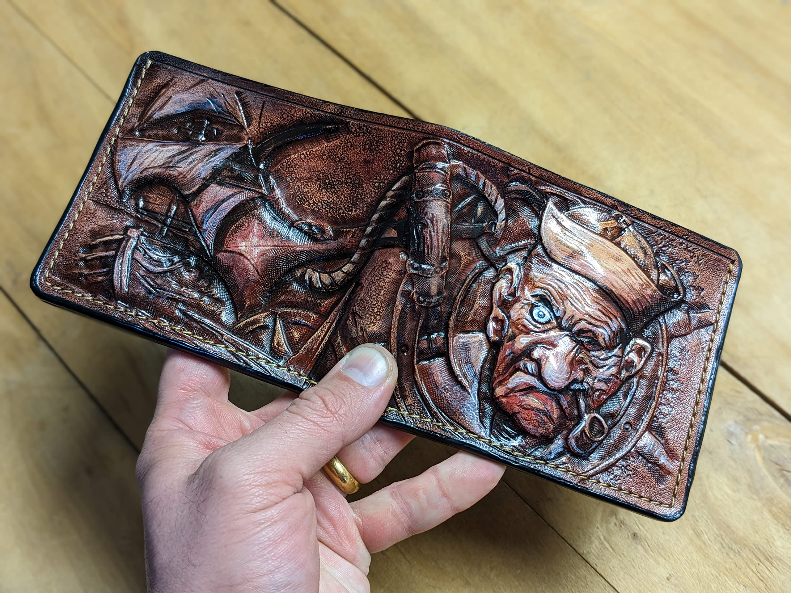 Handcrafted 3D Genuine Leather Anchor & Ship Wheel Wallet for Men - Custom Biker Wallet with Airbrush Art & Carved Design - Perfect for Motorcycle Riders, Nautical Enthusiasts & Unique Gift Giving