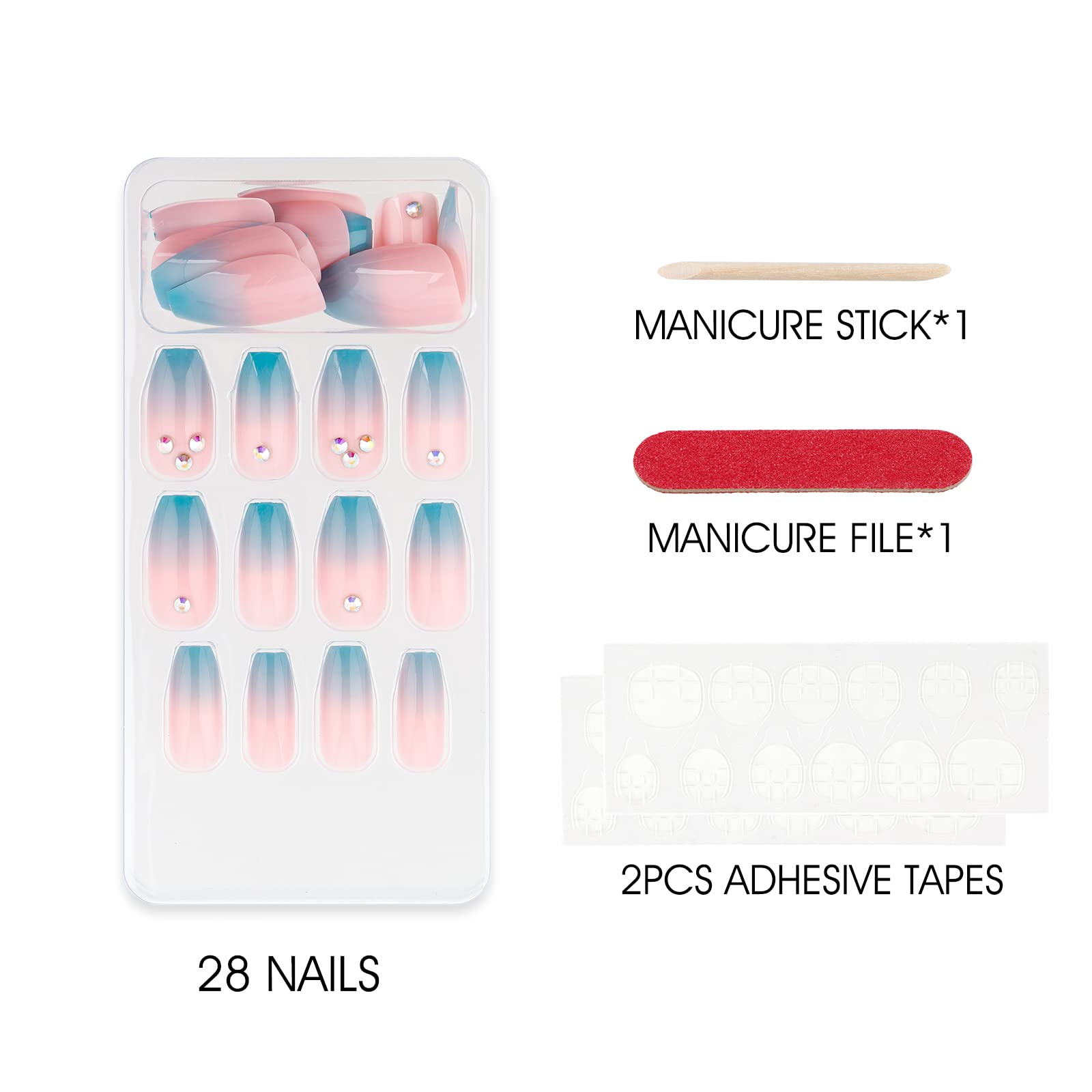 E&A Press On Nails - Blue Pink Gradient Rhinestone Acrylic Fake Nails | UV Finish Short Pointed Almond Shape, Reusable Pastel False Nails, 28PCS Manicure Kit for Parties, Weddings, and Daily Wear