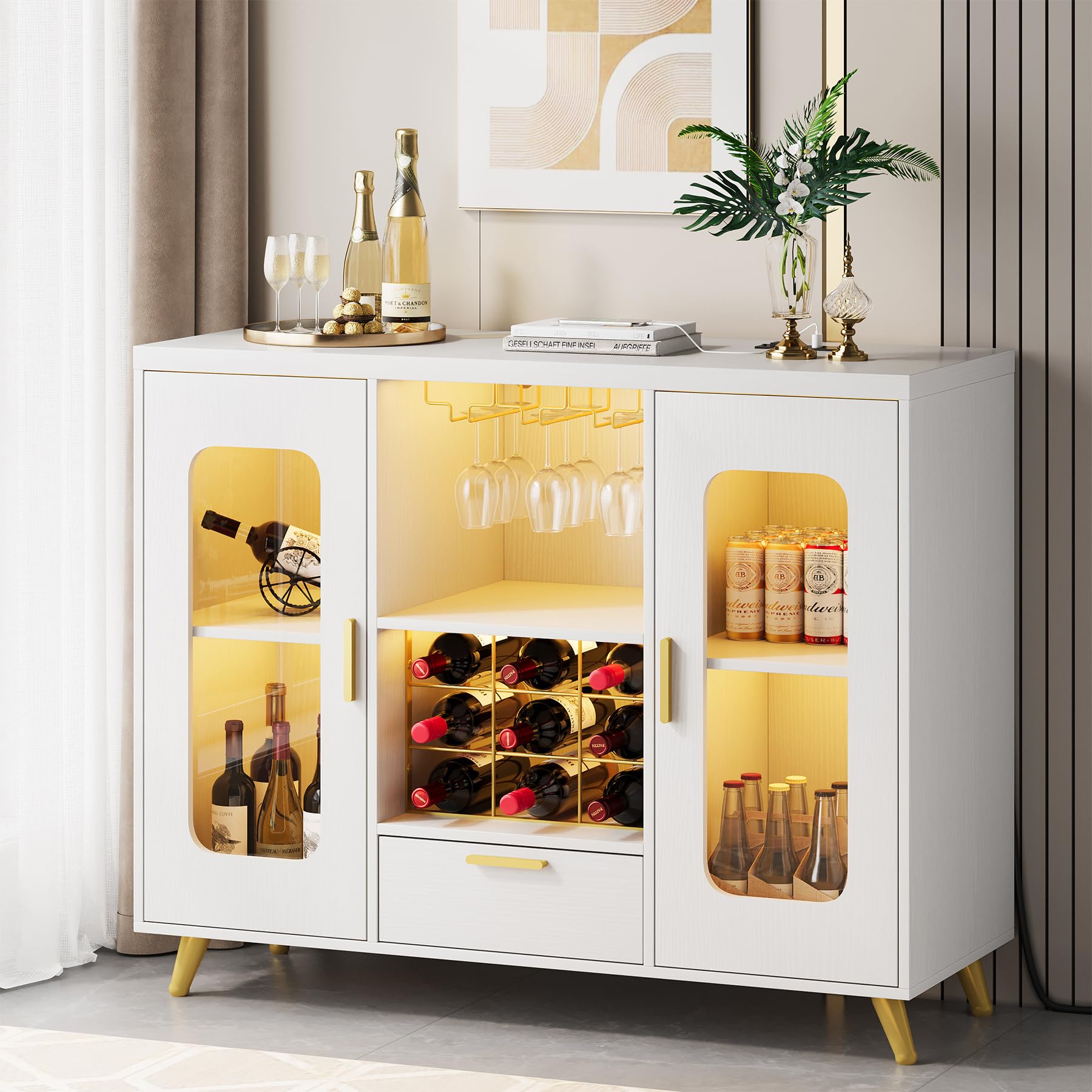 Modern LED Wine Bar Cabinet with Power Outlet - Coffee & Liquor Storage with Built-in Wine Rack & Glass Holder - White Buffet Sideboard for Dining Room, Living Room, Kitchen - Perfect for Home Entertaining & Stylish Storage