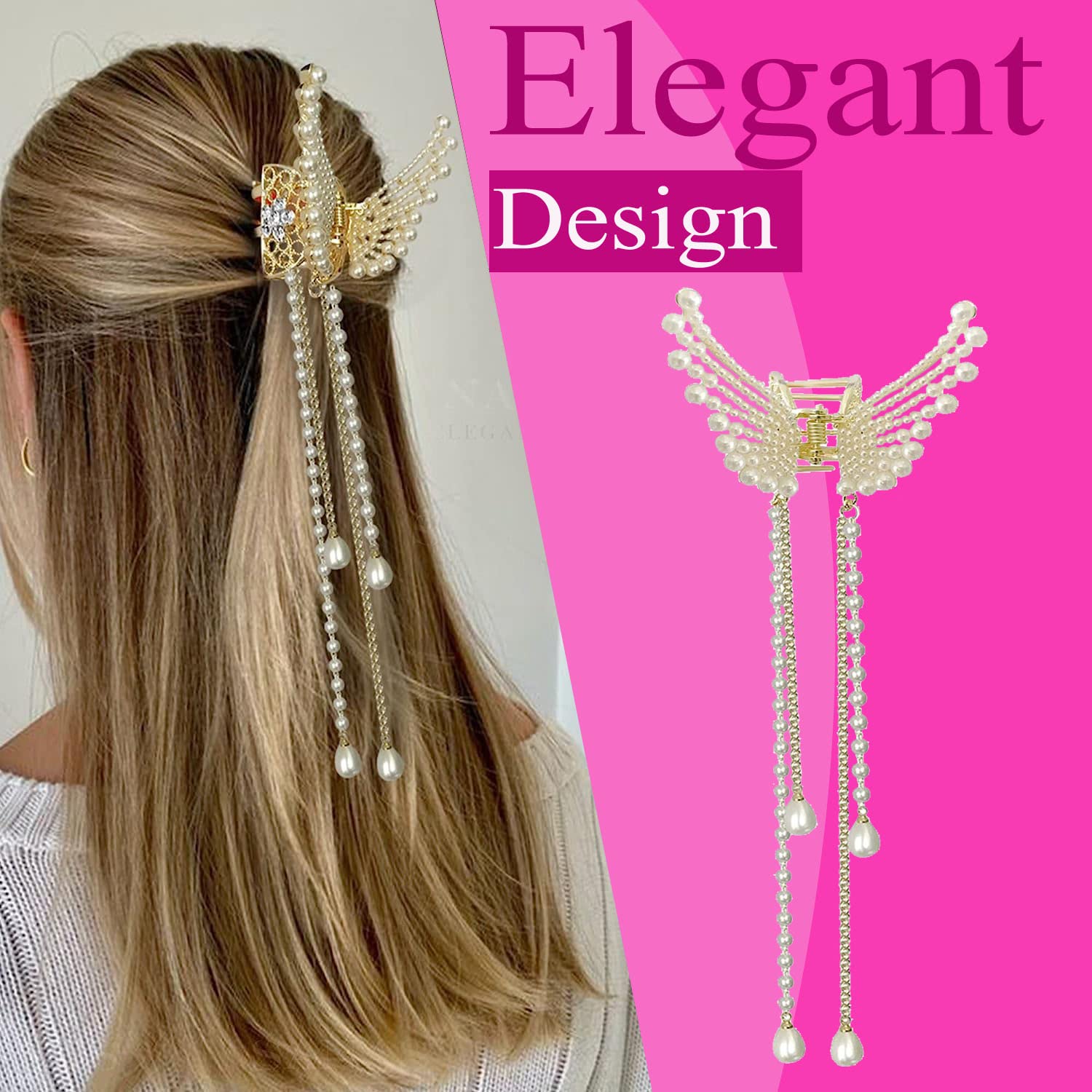 KIDZOO Pearl Butterfly Hair Claw Clip for Women & Girls - Elegant Stone Hair Accessories for Wedding, Party & Everyday Use - Metal Hair Clutcher with Butterfly Design