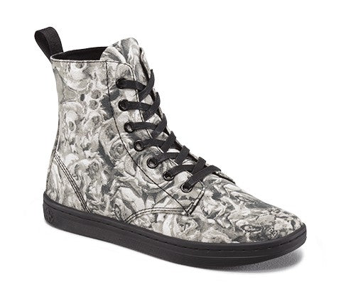 HACKNEY Black and Grey Skull with Rose Print Canvas Boots for Men - Gothic Punk Fashion, Streetwear, Casual Wear, and Motorcycle Riding