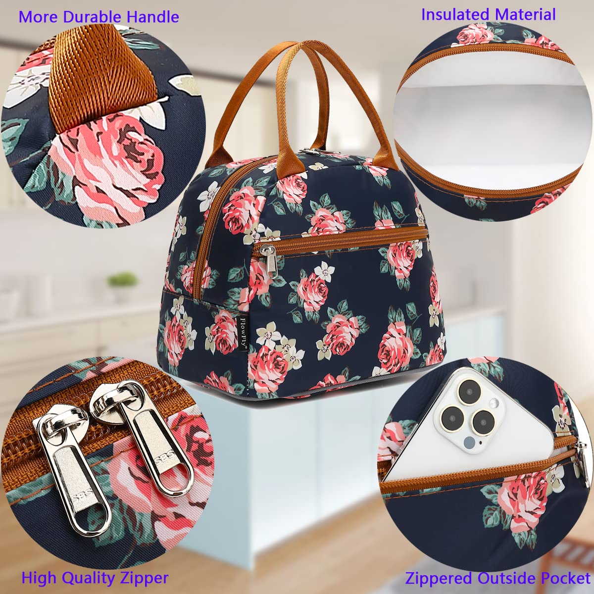 FlowFly Insulated Lunch Bag Tote for Women & Men - Leakproof Cooler Lunch Box Organizer with Handle, Rose - Perfect for Work, School, Picnics & Outdoor Activities