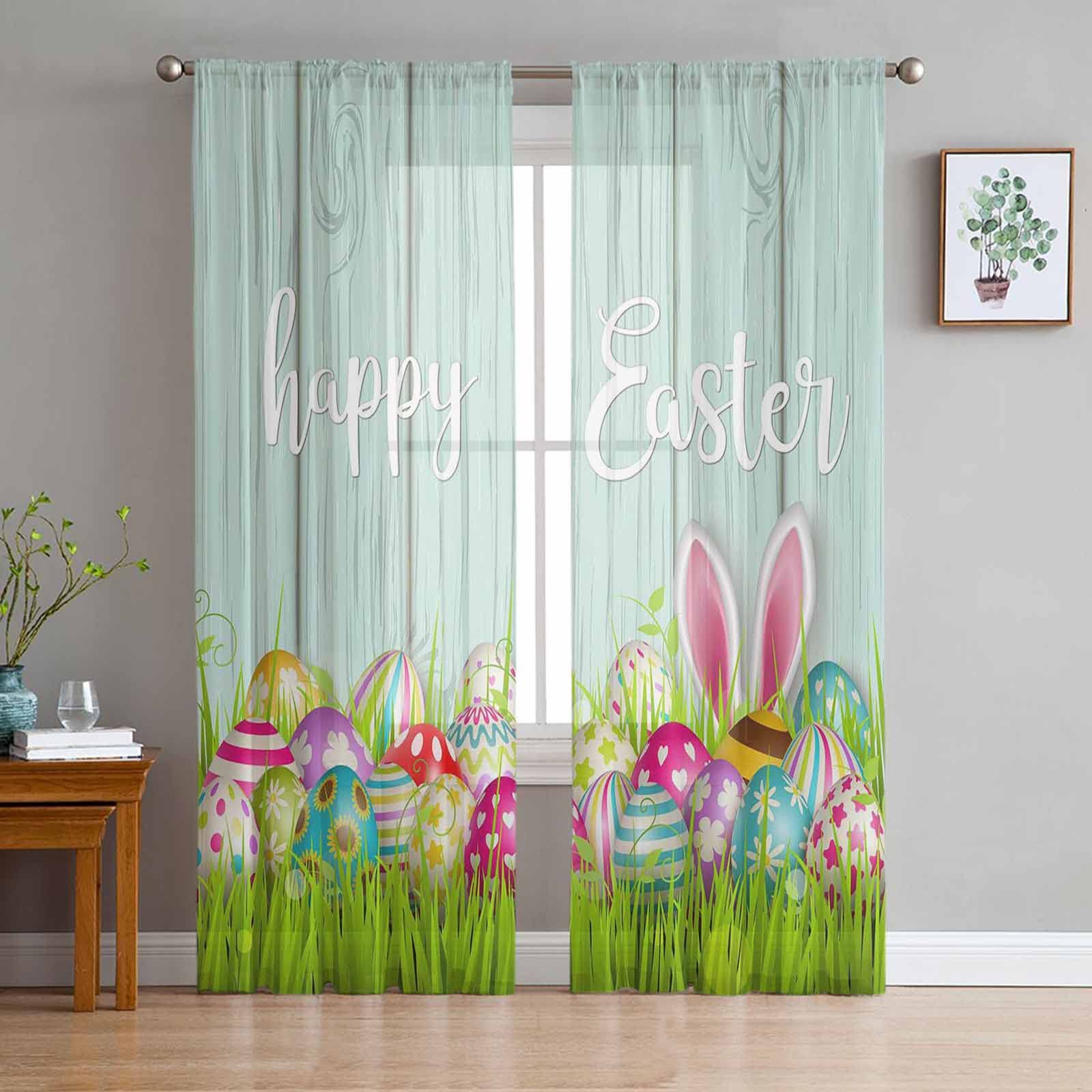 Easter Sheer Curtains 84 Inches Long - Spring Floral Voile Drapes with Bunny & Egg Patterns, 2-Panel Rod Pocket Window Curtains for Living Room & Bedroom - Lightweight Chiffon Sheers in Green Woodland Design (Perfect for Spring Decor, Easter Home Decorations & Farmhouse Style Windows)