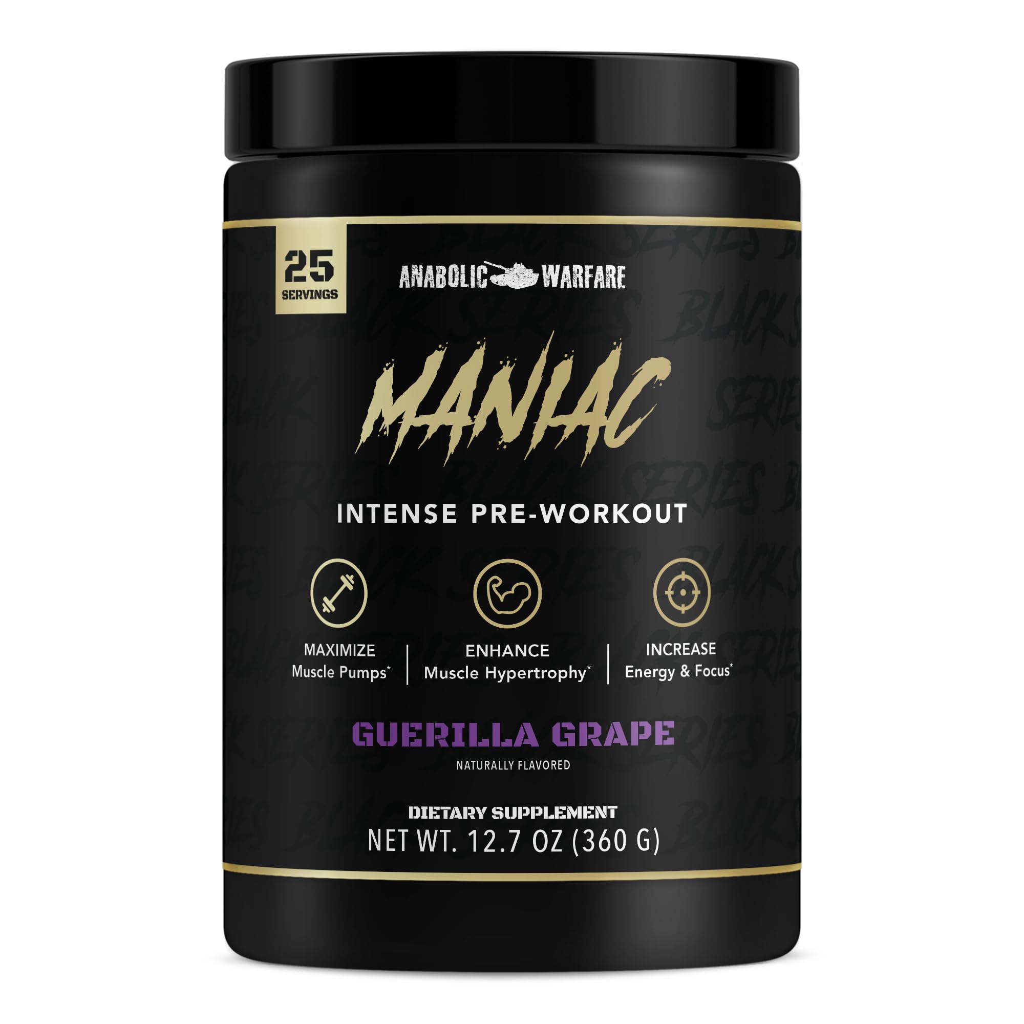 Anabolic Warfare Black Series Maniac Pre-Workout Powder - Nitric Oxide Booster for Muscle Pumps & Protein Synthesis - Guerilla Grape Flavor - Ideal for Gym, Bodybuilding & Intense Training Sessions
