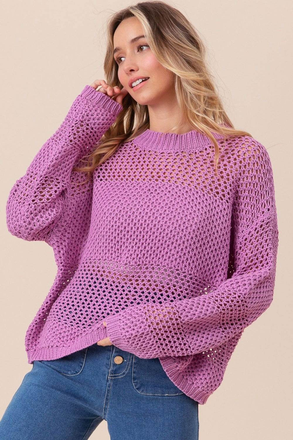 BiBi Openwork Long Sleeve Knit Top for Women - Breathable Lace Knit Sweater - Perfect for Fall Layering & Casual Outfits
