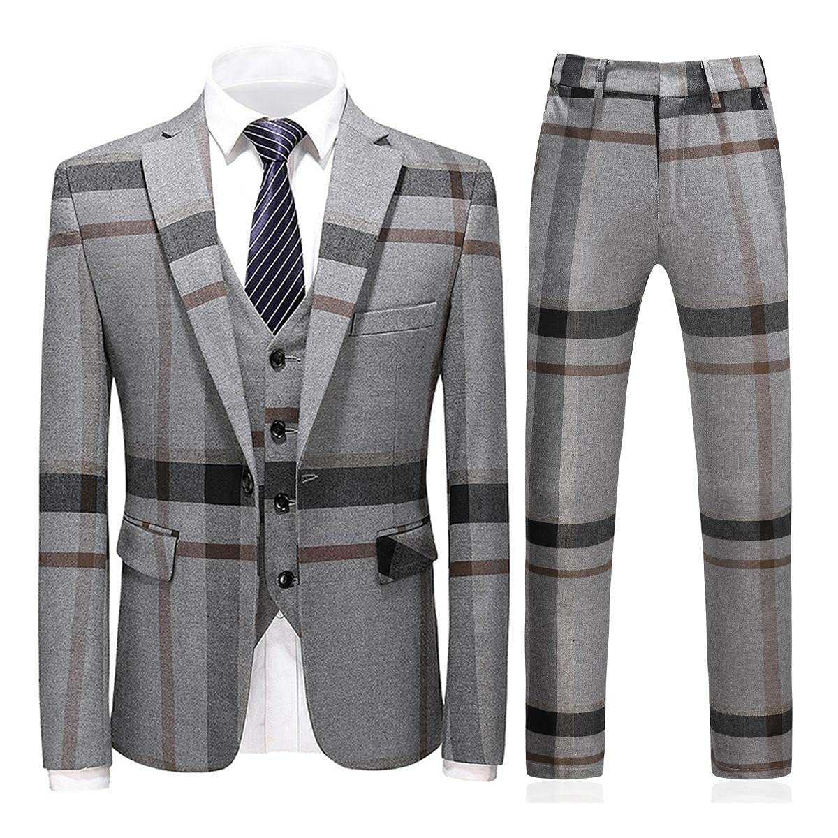 Men's 3-Piece Check Plaid Suit Set - Single Breasted One Button Jacket with Vest & Pants | Formal Business Attire, Wedding, Prom, Party Tuxedo Blazer Outfit for Special Occasions
