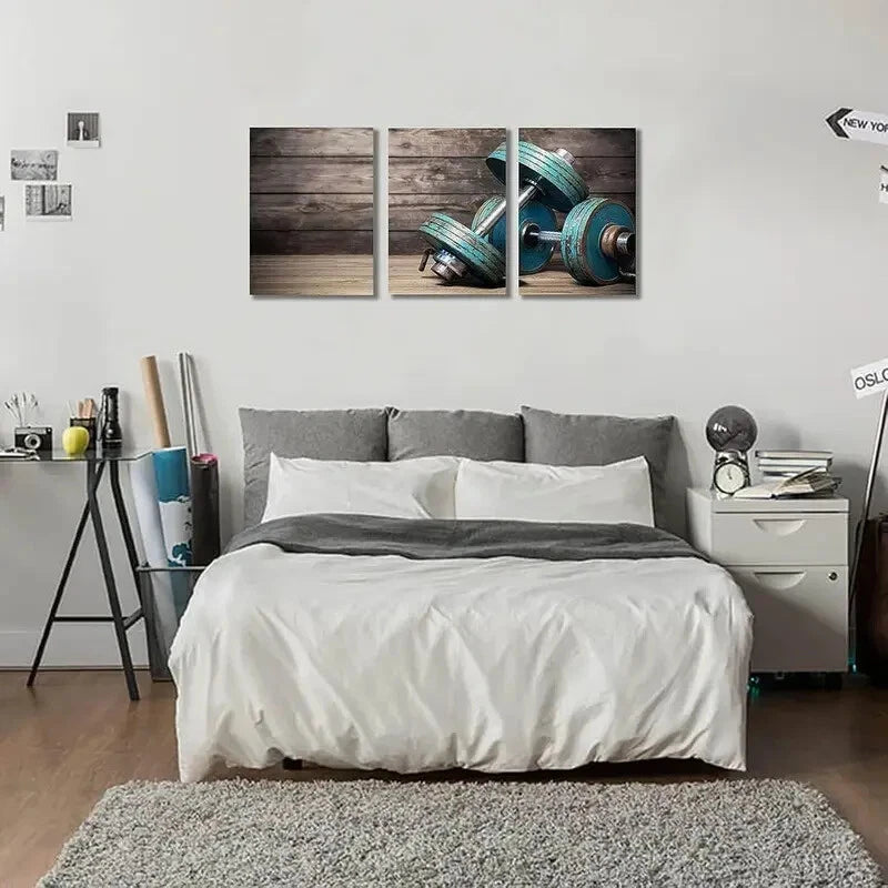3-Piece Modular Dumbbell Set with Metal Print - Adjustable Home Gym Equipment for Strength Training & Wall Art Decor for Fitness Enthusiasts