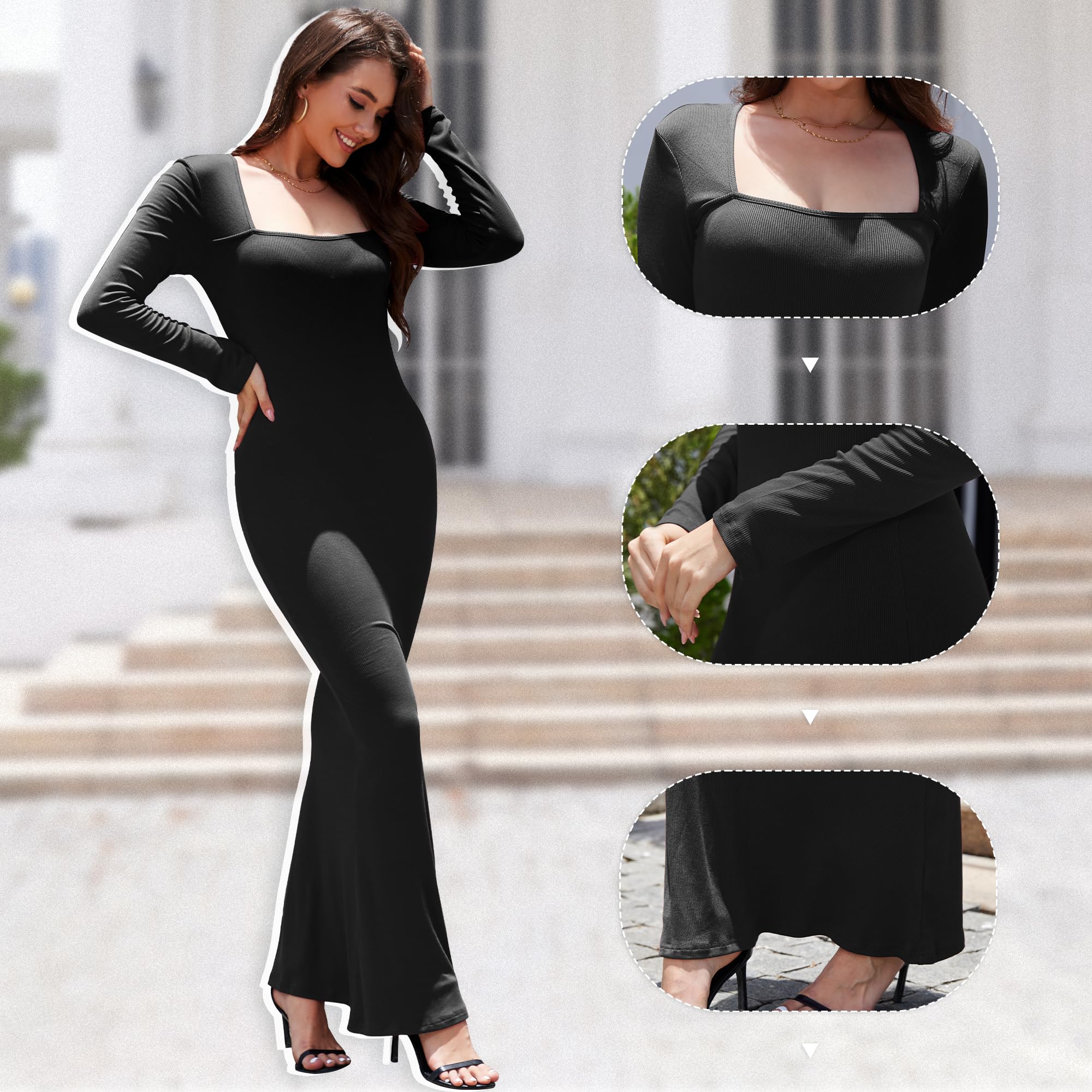 Elegant Women's 2025 Spring Long Sleeve Bodycon Maxi Dress - Square Neck Ribbed Knit Party & Evening Gown for Casual Wear | Perfect for Cocktail Parties, Date Nights & Special Occasions