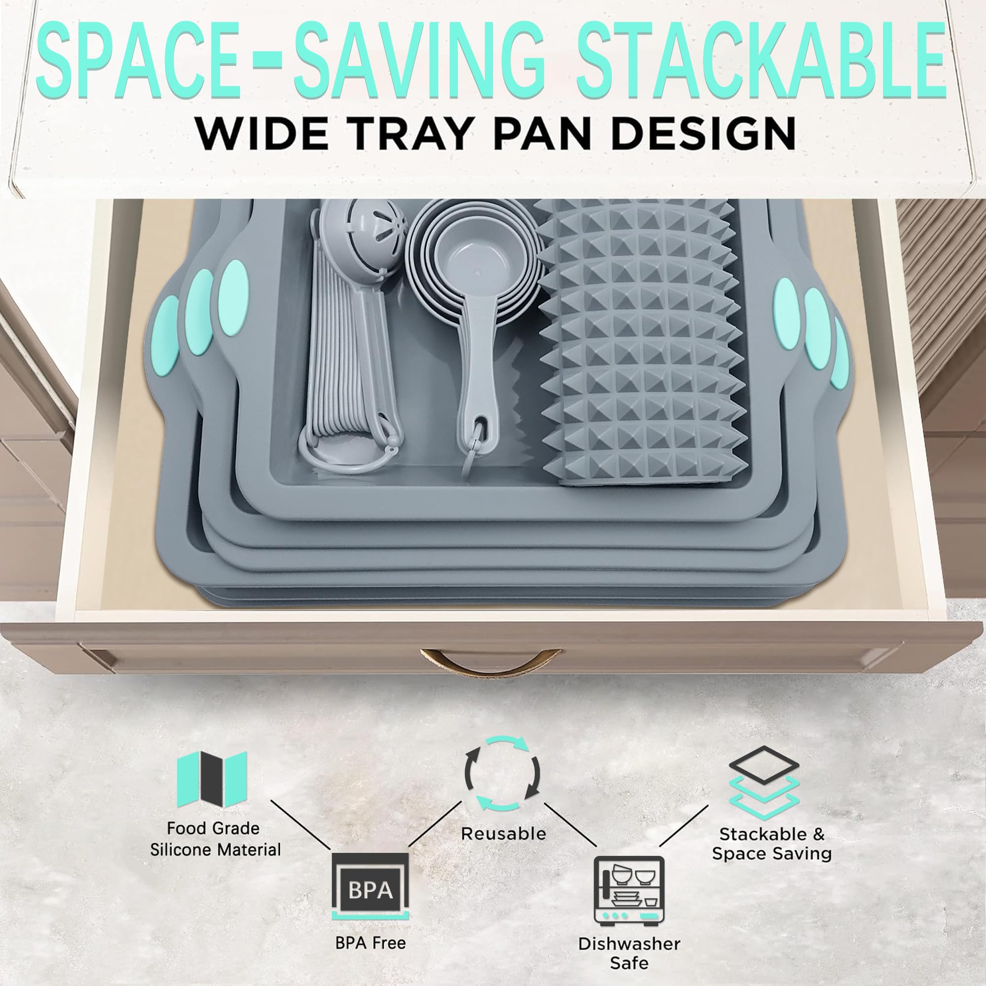 29-Piece Silicone Baking Pans Set with Metal Frame - Non-Stick Oven Bakeware Kit Includes Cookie Sheet, Cake Pans, Mats, Measuring Cups & Spoons (Light Grey) - Perfect for Home Baking, Holiday Treats & Party Desserts