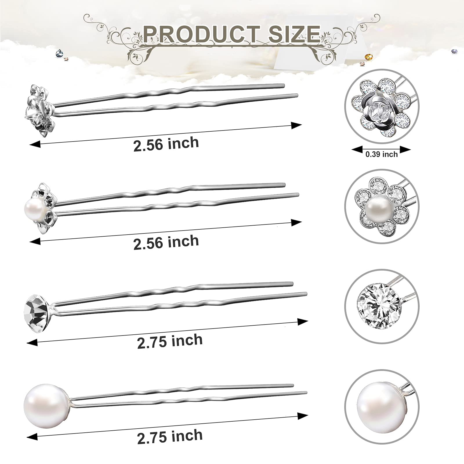 MTLEE 40 Pcs Pearl & Rhinestone U-Shaped Hair Pins for Wedding Bridesmaid Hair Accessories - Elegant Bobby Pins for Bridal Updos, Prom, and Special Occasions