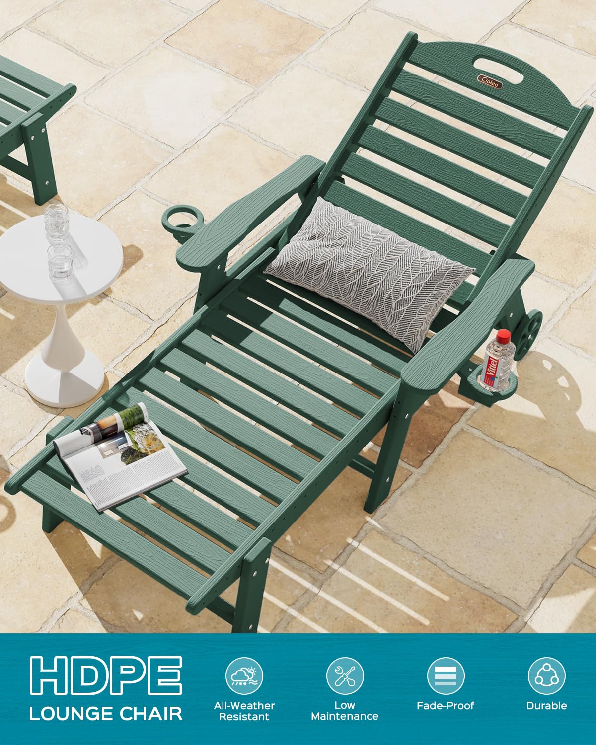 5-Position Adjustable Outdoor Chaise Lounge Chair with Wheels & Double Cup Holders - Wood Texture Patio Poolside Lounge for Backyard, Garden, Beach - Comfortable Sunbathing & Relaxation Furniture (Green)
