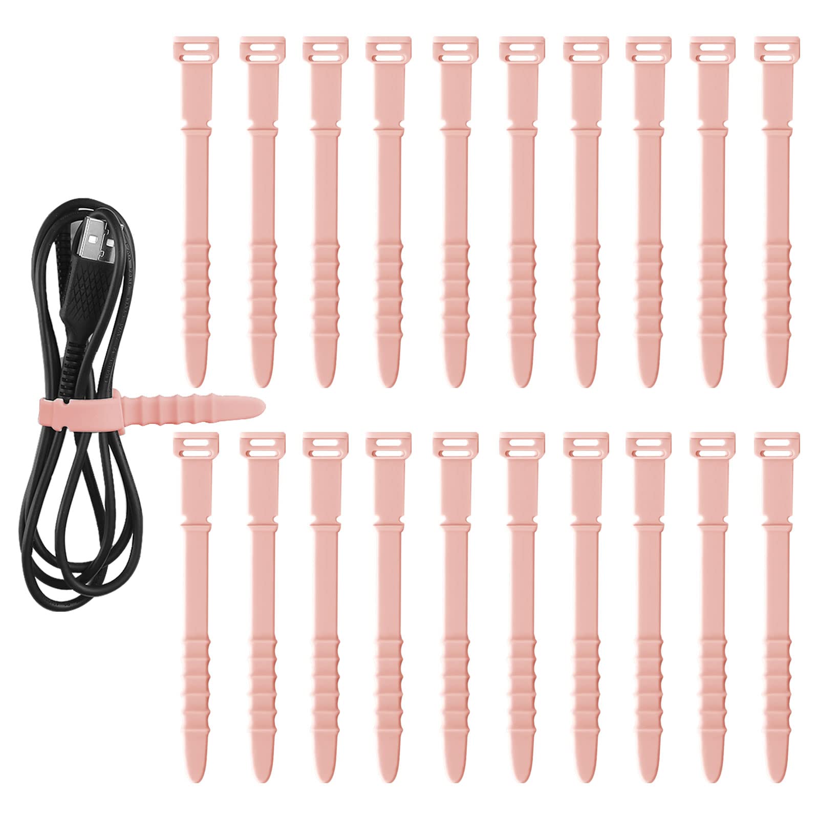 20pcs Reusable Silicone Cable Ties - 4.5 Inch Elastic Cord Organizer Straps for Charging Cables, USB Wires, Earphones, Pens & Keychains | Durable Wire Management Solution for Home, Office & Travel (Pink)