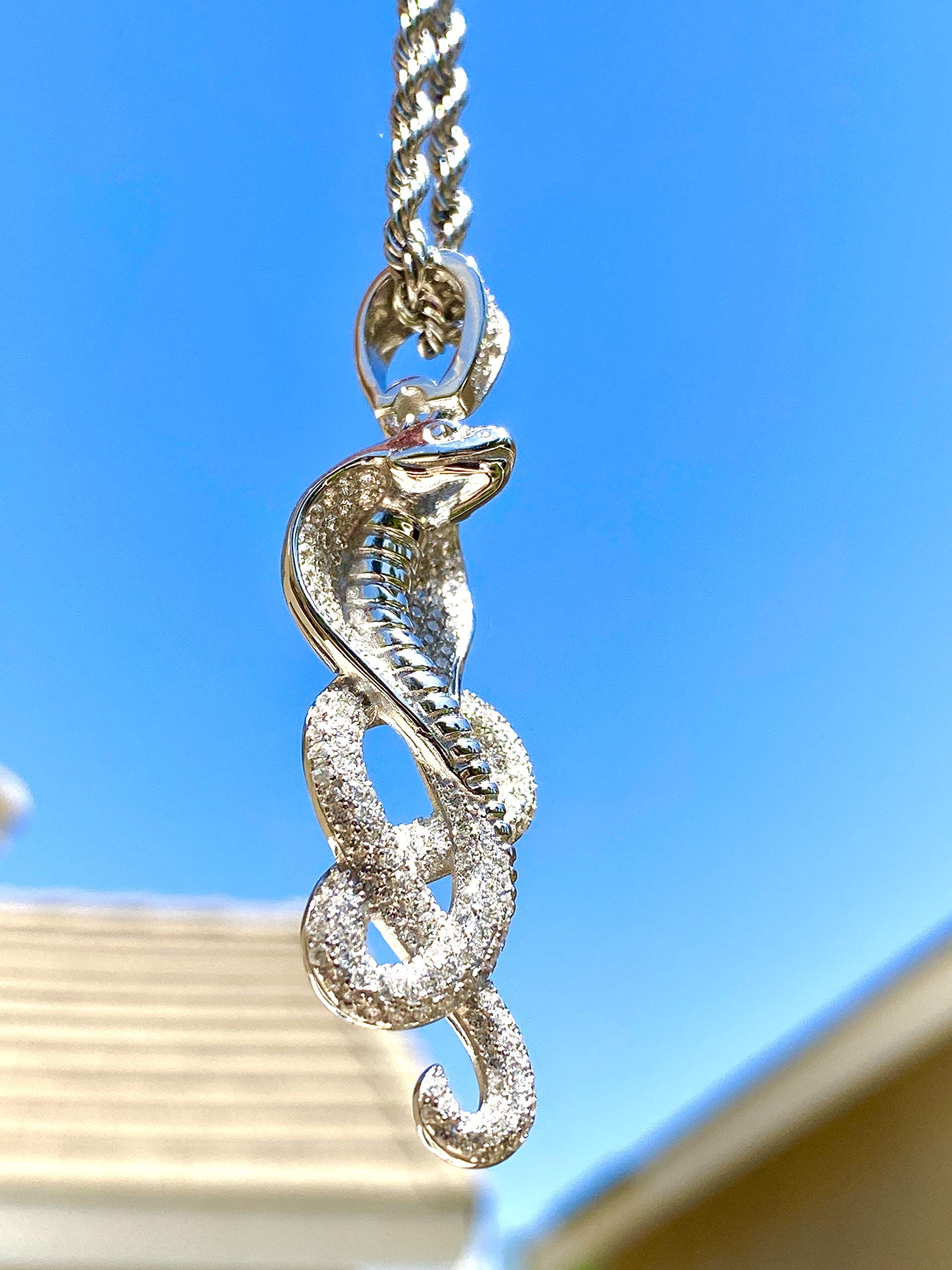 925 Sterling Silver Cobra Snake Pendant Necklace for Men & Women - Iced Out Stainless Steel Chain 16
