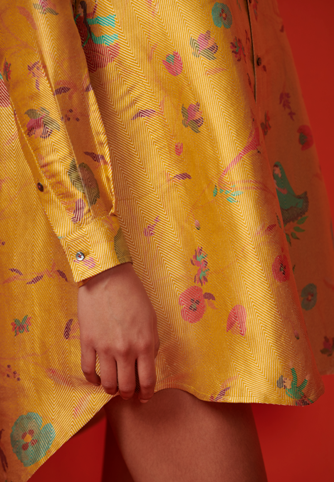 Oversized Silk Brocade Shirt in Mustard Yellow | Elegant Loose Fit Blouse for Women | Perfect for Casual Outings, Office Wear & Special Occasions