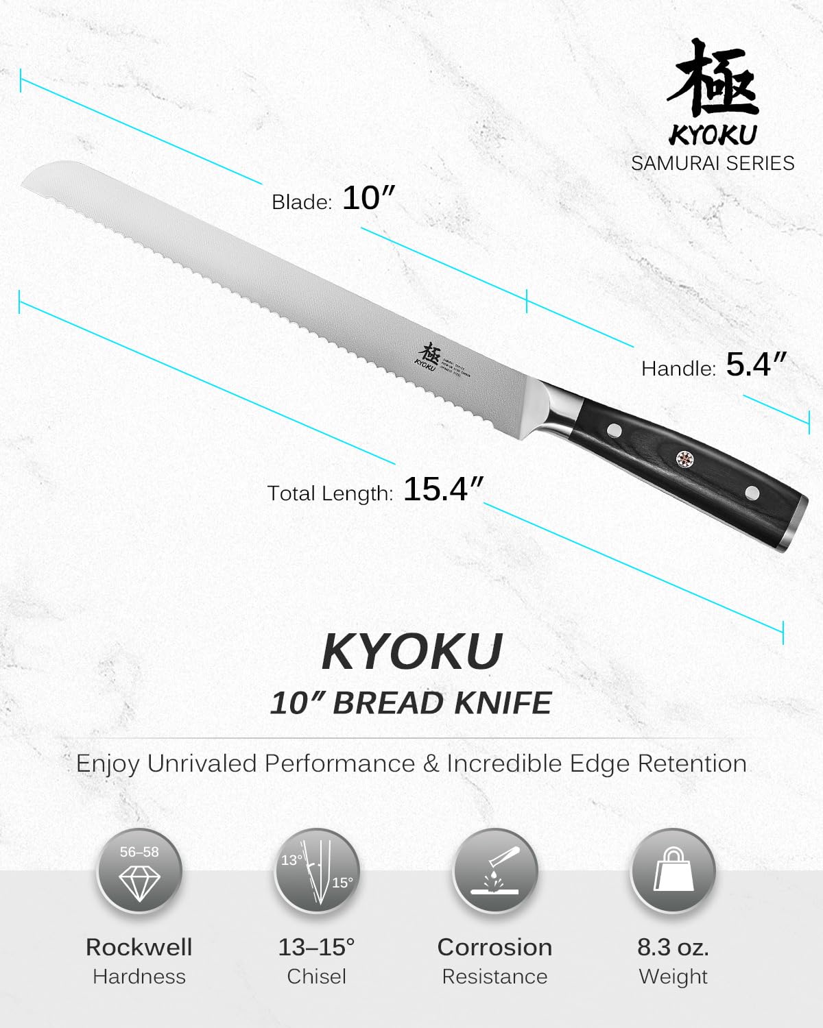 KYOKU 10-Inch Serrated Bread Knife - Japanese High Carbon Steel Samurai Series Knife for Slicing Homemade Bread, Pastries & Cakes | Pakkawood Handle, Full Tang Design with Protective Sheath | Perfect for Bakeries, Home Kitchens & Professional Chefs