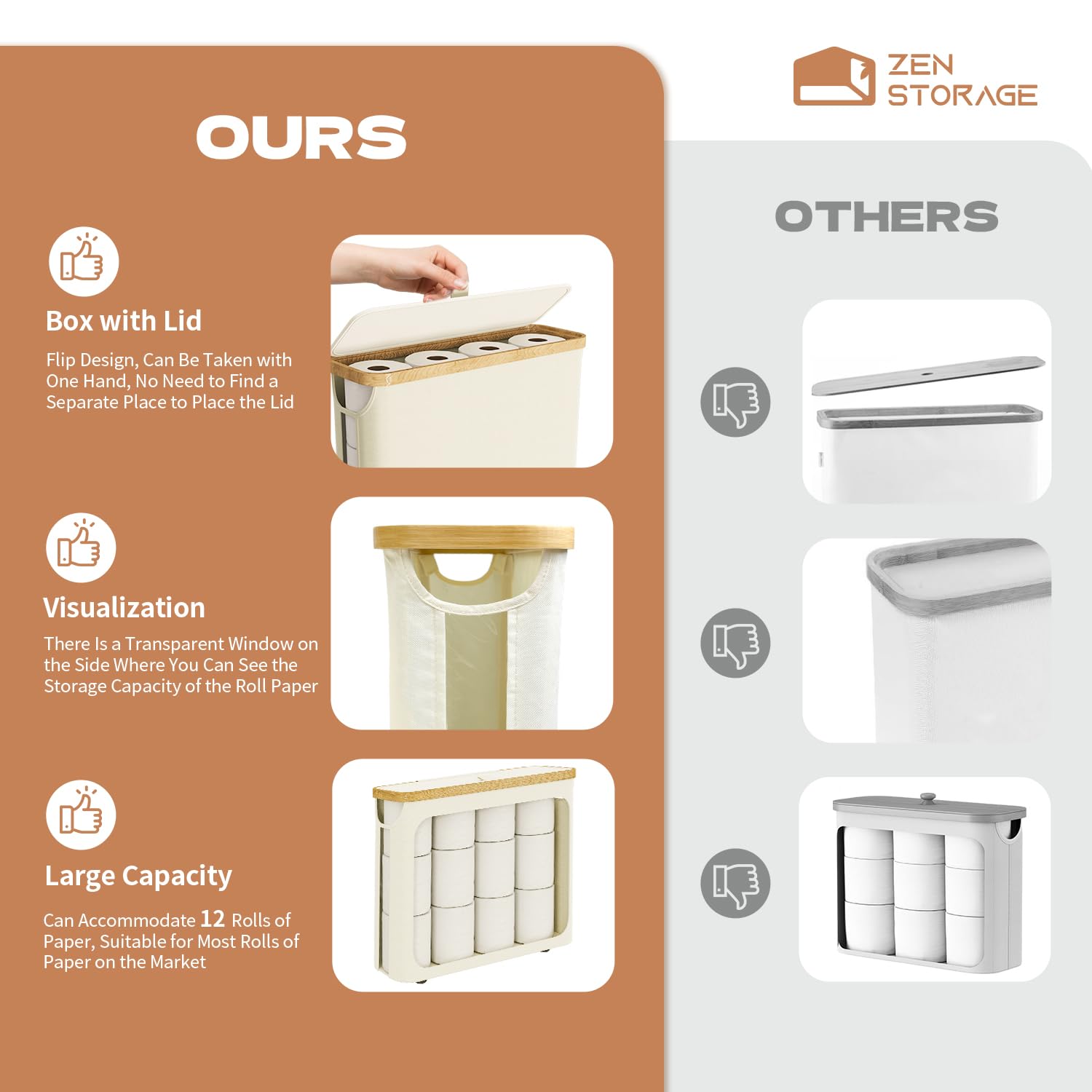 Bamboo Toilet Paper Storage Basket with Lid - Holds 12 Standard Rolls | Bathroom Organizer & Toilet Paper Holder | Perfect for Small Bathrooms, RVs & Apartment Living (Beige)
