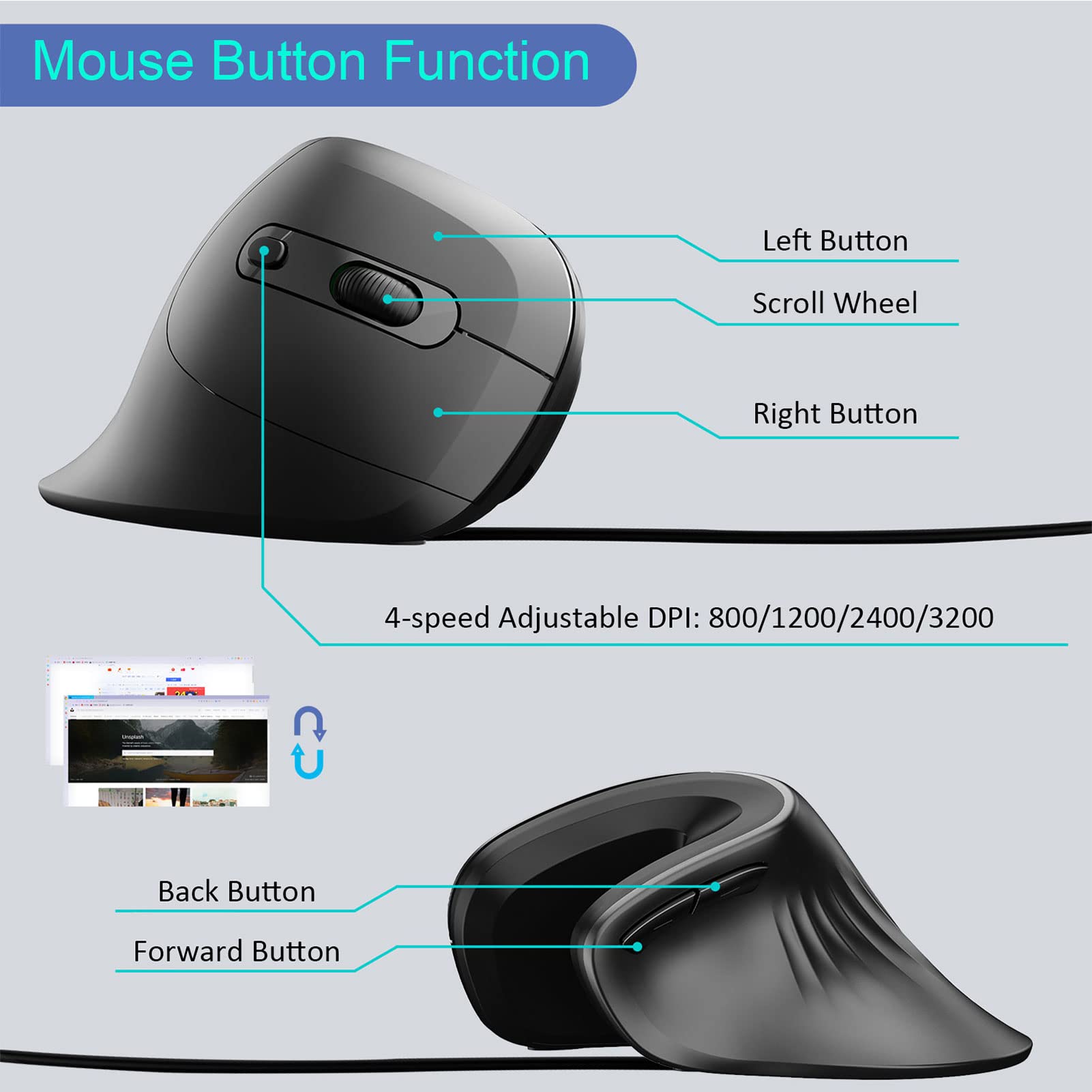 Ergonomic Vertical Mouse - 2400/3200 DPI Wired Optical Silent Mouse for Office & Laptop - Reduces Wrist Pain, Carpal Tunnel Relief - Comfortable Computer Mouse for Long Work Hours (Black) - Perfect for Office Workers, Programmers & Graphic Designers