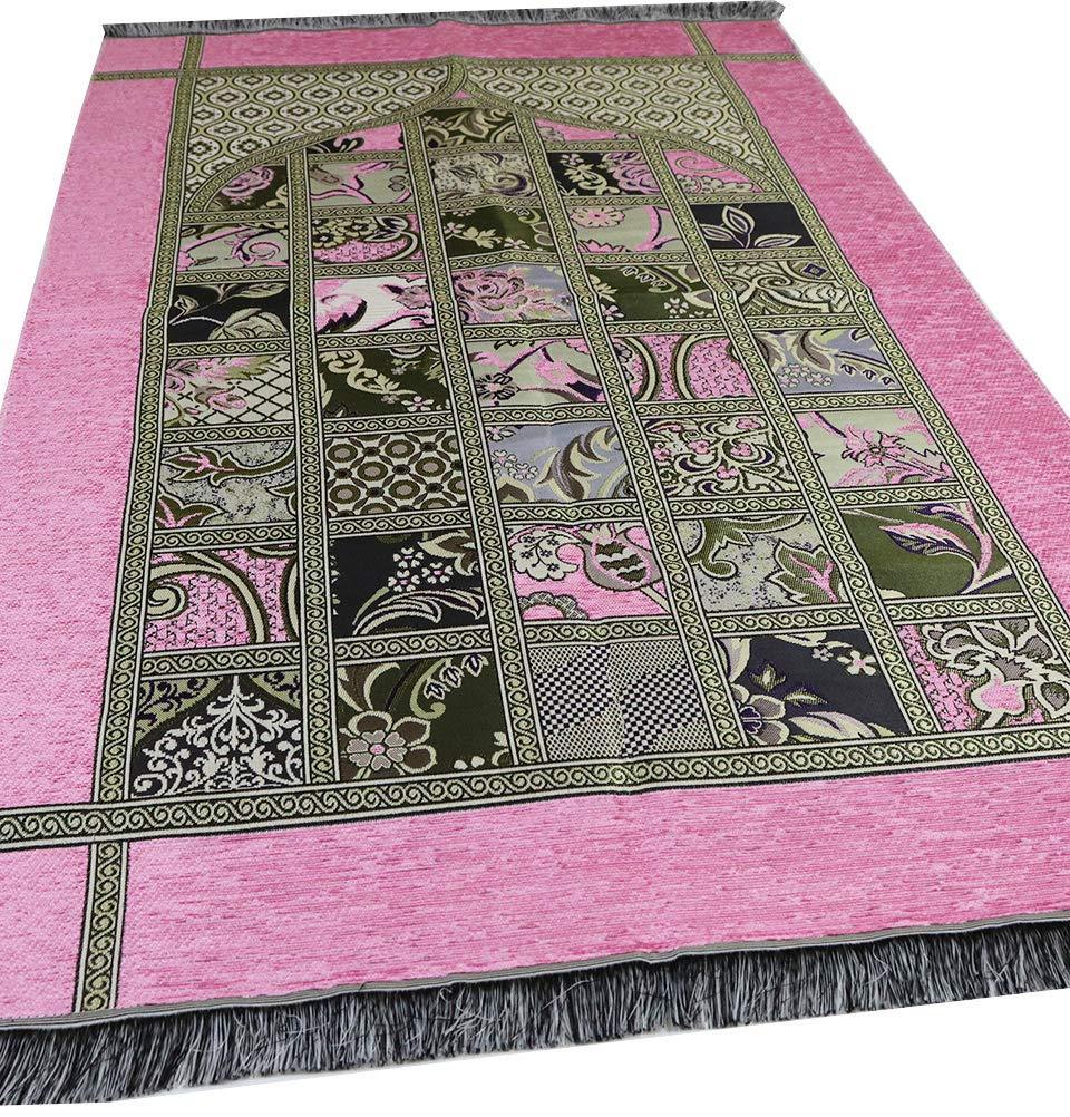 Soft Chenille Islamic Prayer Mat with Quilt Pattern - Pink - Perfect for Home, Mosque & Travel Prayer Needs