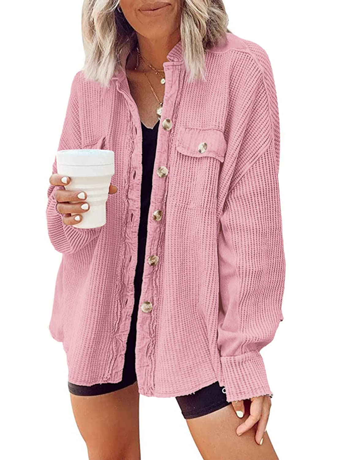 Nirovien Women's Waffle Knit Shacket - Oversized Button Down Shirt Jacket, Lightweight Spring Cardigan for Casual Wear & Layering Outfits