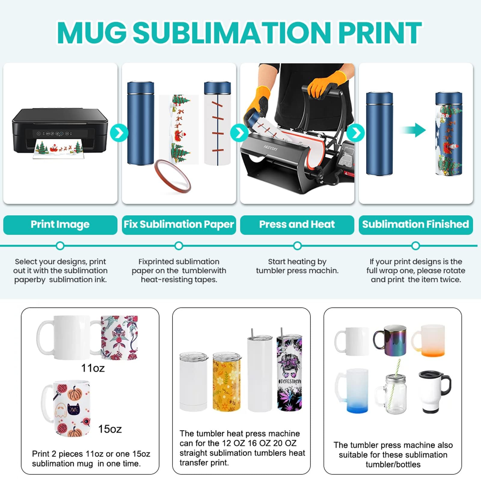 AKEYDIY Tumbler Heat Press Machine for 11oz-30oz Sublimation Tumblers - Straight & Skinny Cup Press for Glass Jars, Cans, Mugs - DIY Heat Transfer Vinyl Press - Perfect for Custom Drinkware, Gifts & Small Business Use