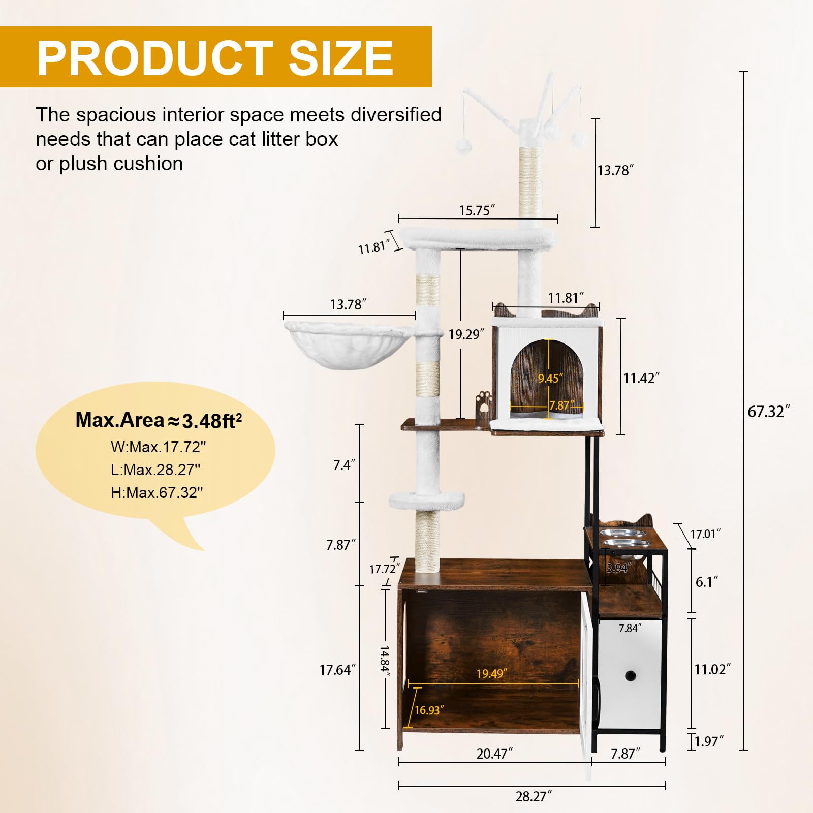 Snughome 3-in-1 Modern Cat Tree with Hidden Litter Box Enclosure - All-in-One Cat Tower Furniture for Indoor Cats Featuring Condo, Food Station & Hammocks (Rustic Brown) - Perfect for Small Spaces & Multi-Cat Households