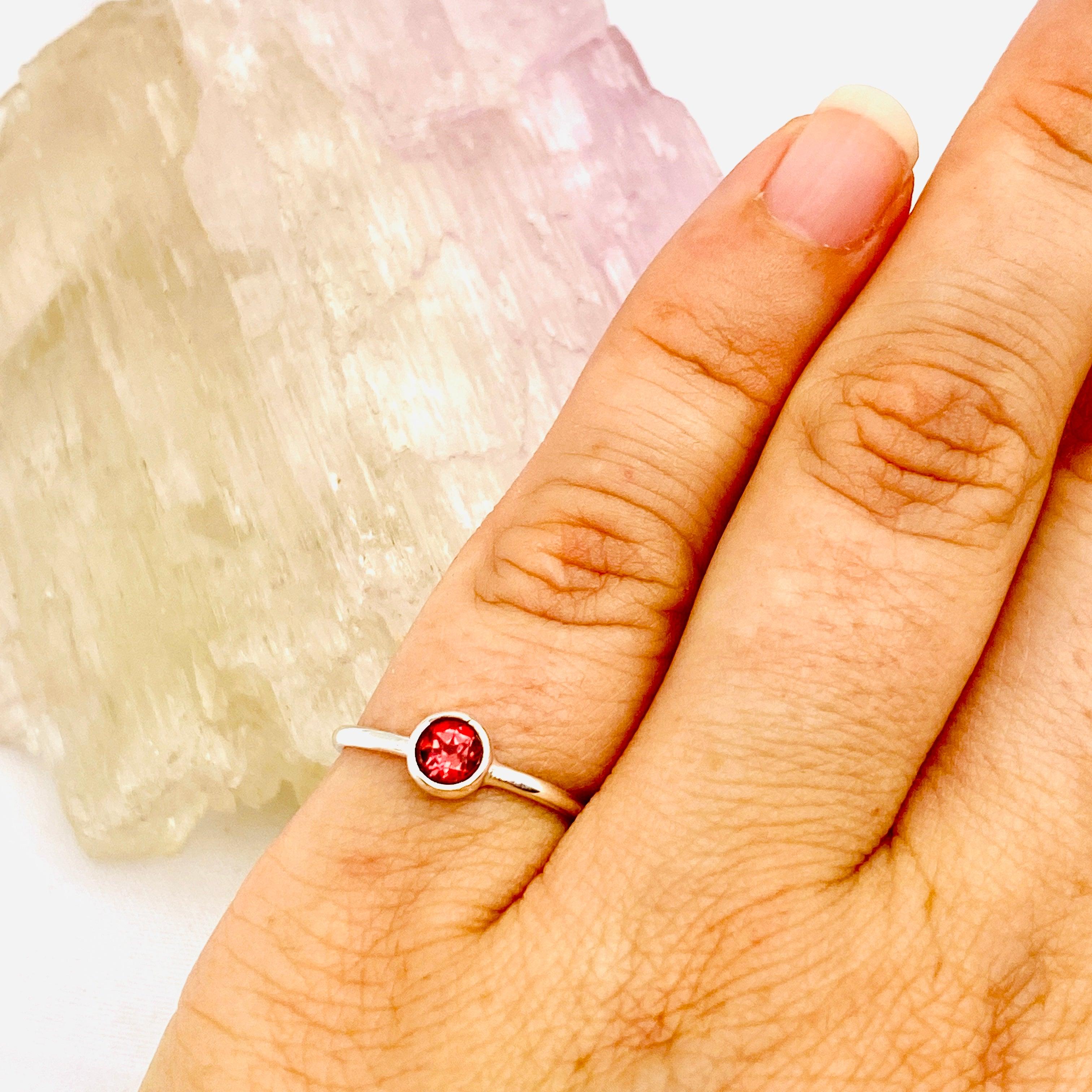 Garnet Round Faceted Fine Band Ring R3754 GA - Elegant Jewelry for Women, Perfect for Weddings, Anniversaries & Special Occasions