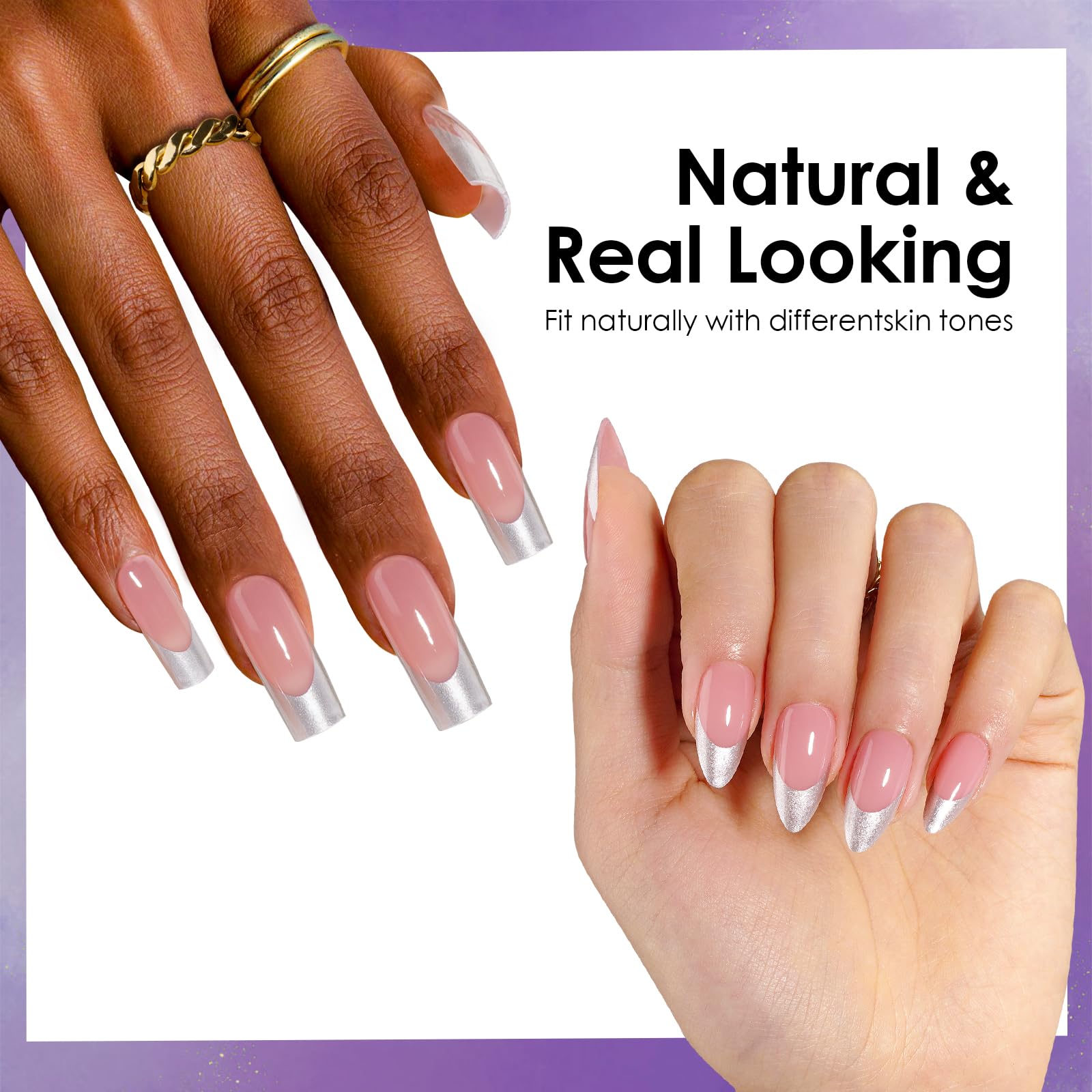 Canvalite Chrome French Tip Press on Nails - 150Pcs Long Square Fake Nails with Silver Designs, Quick & Easy DIY Gel Nail Tips for Women | Perfect for Parties, Weddings, and Special Occasions