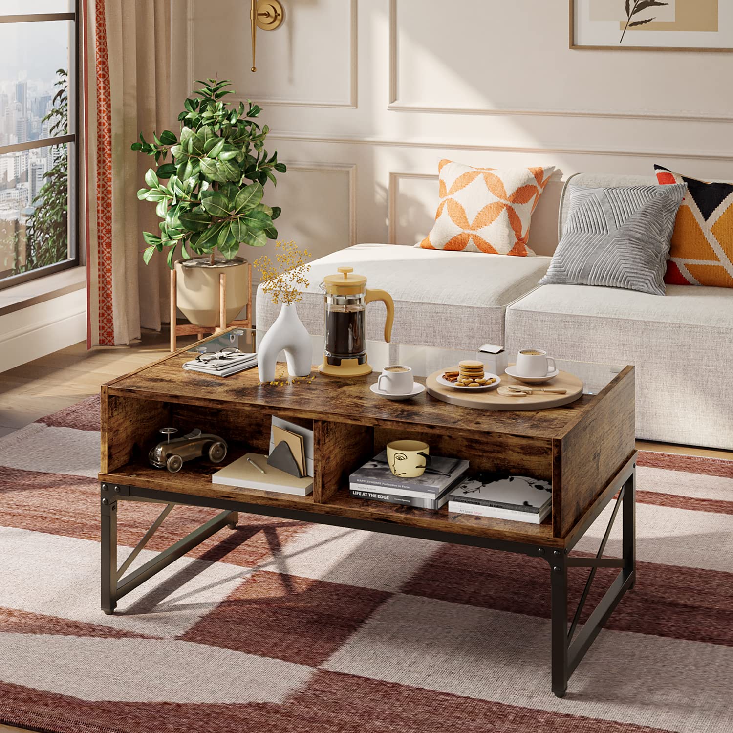 Bestier 42 Inch LED Coffee Table with Storage - Modern Farmhouse Style Wooden Center Table for Living Room, Home Office & Gaming | Rustic Brown Finish | Perfect for Entertaining, Remote Work & Game Nights