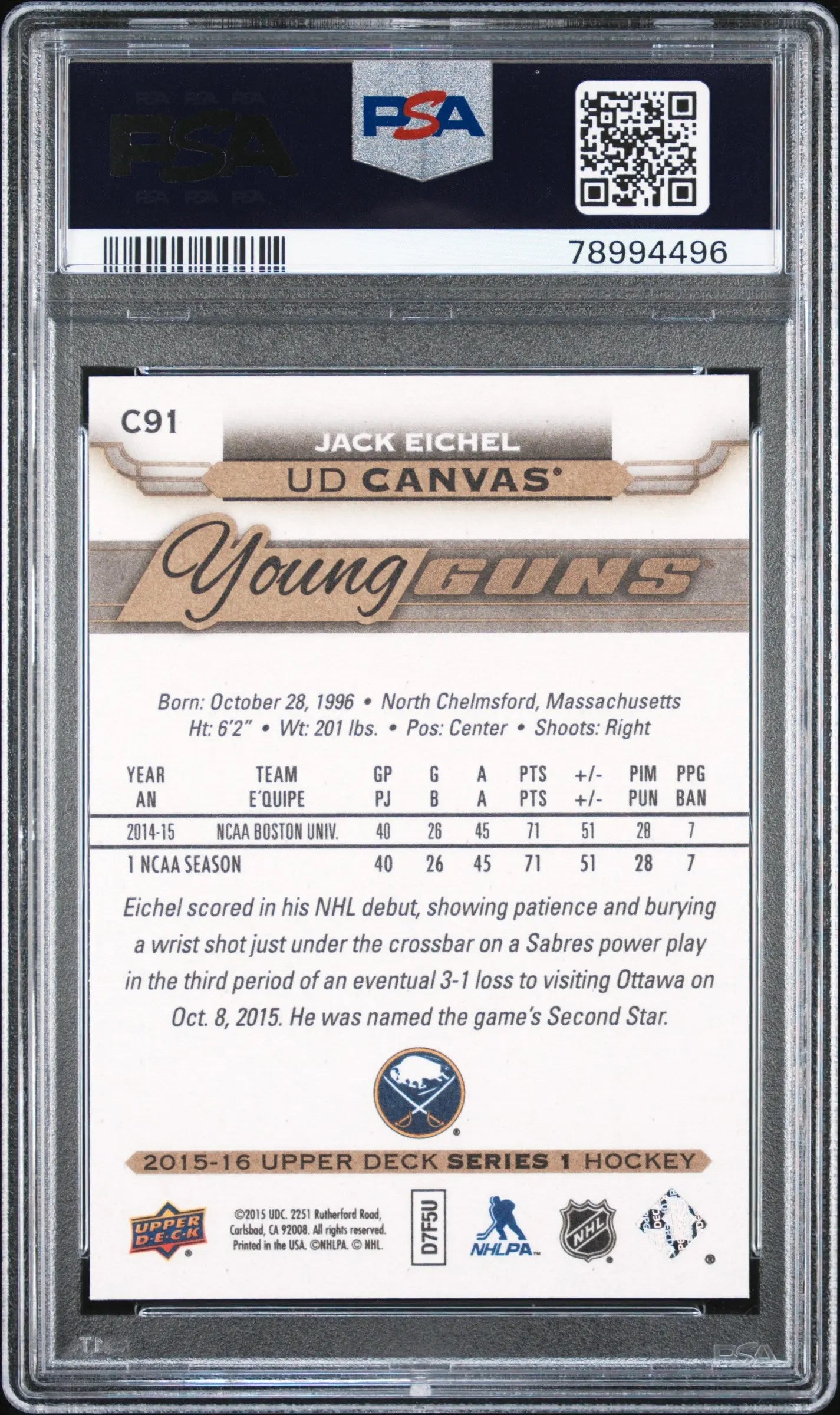 2015-16 Upper Deck Series 1 Jack Eichel UD Canvas Young Guns Rookie Card PSA 10 Gem Mint - Perfect for Hockey Card Collectors and Sports Memorabilia Enthusiasts
