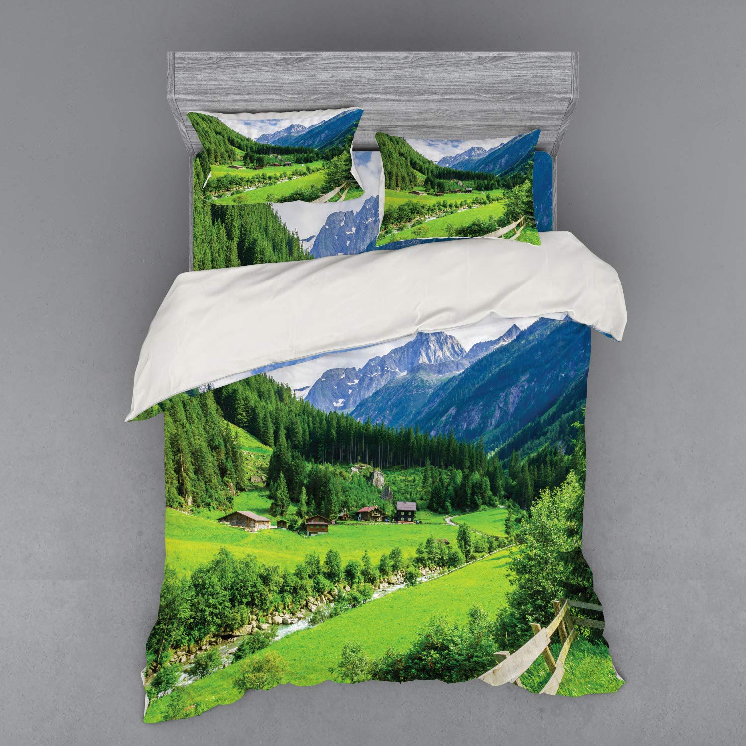 Ambesonne Mountain Bedding Set 4-Piece Queen - Alpine Landscape Duvet Cover with Meadow Cottages, Pine Trees & Stream - Green & White Printed Bed Sheets with Pillow Shams - Perfect for Cabin Retreats & Nature-Themed Bedrooms