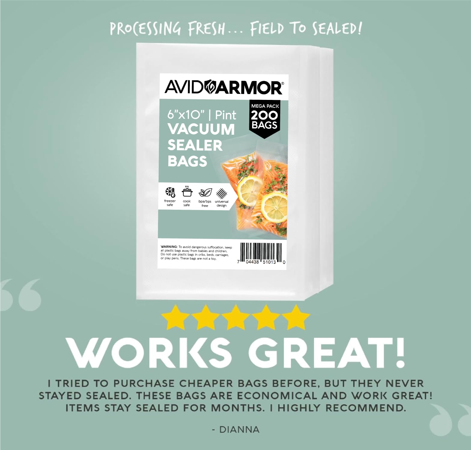 Avid Armor Pre-Cut 6x10 Inch Vacuum Sealer Bags - BPA Free Heavy Duty Commercial Grade Food Storage Bags | Compatible with FoodSaver & Seal-a-Meal | Ideal for Sous Vide Cooking, Meal Prep & Freezer Storage