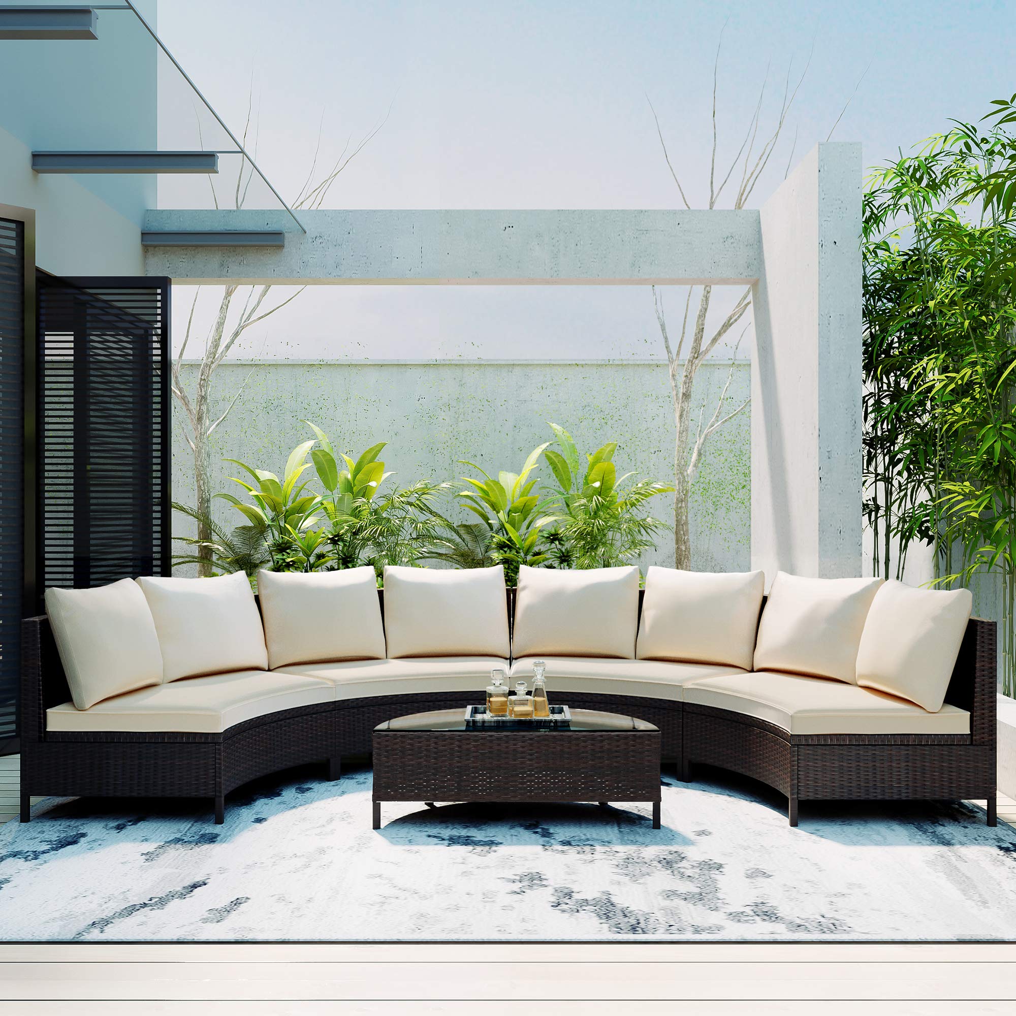 Polibi 5-Piece Patio Furniture Set - All-Weather PE Rattan Half Moon Sofa with Tempered Glass Table & Beige Cushions - Perfect for Backyard, Garden, Poolside Outdoor Relaxation