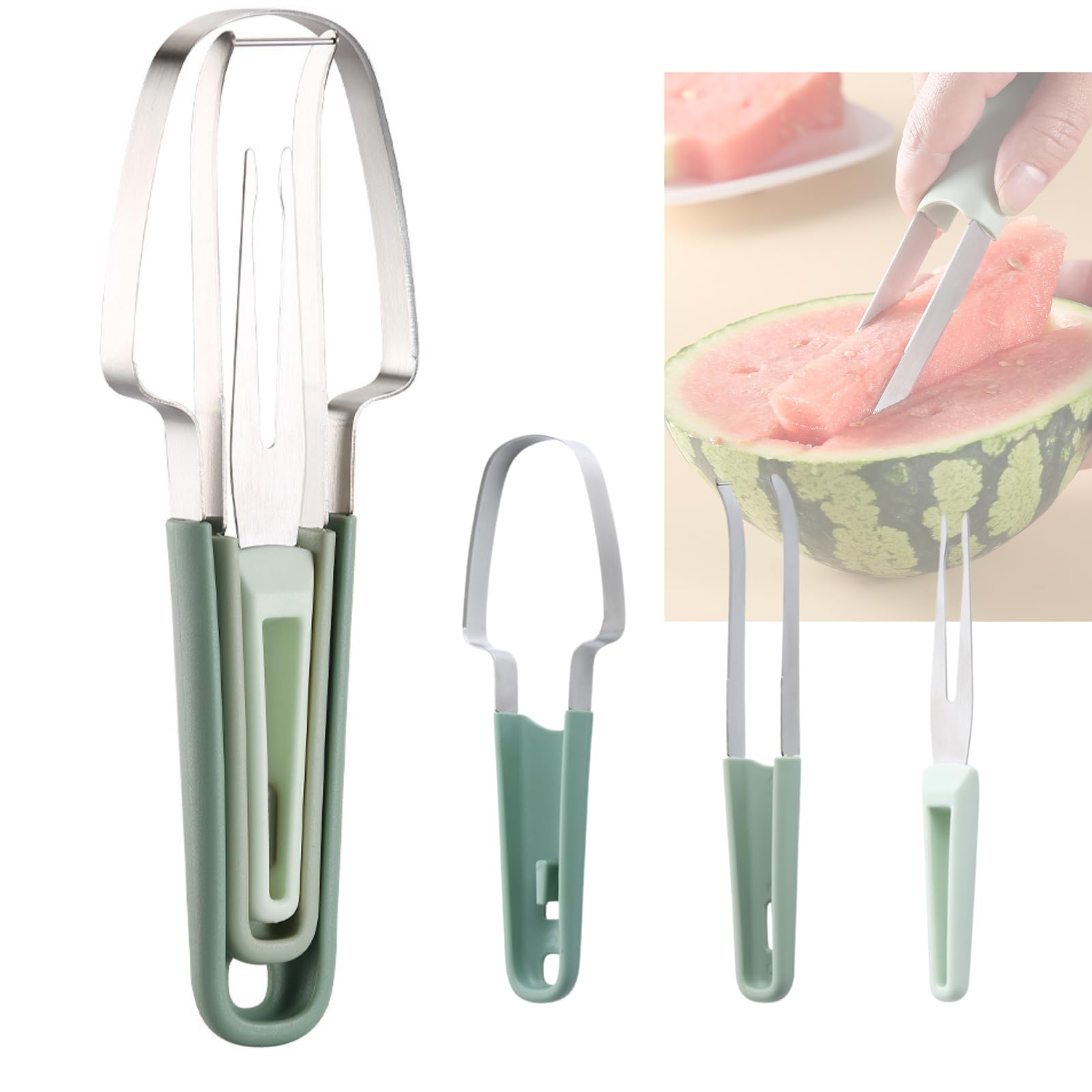 2024 New 3-in-1 Watermelon Slicer & Fork - Stainless Steel Fruit Cutting Tool for Camping, Picnics & Kitchen | Portable Melon Cutter with Easy Storage | Perfect for BBQs, Parties & Outdoor Adventures (1PC)