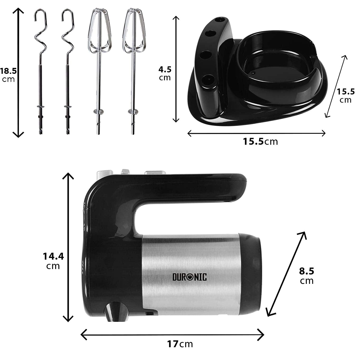 Duronic HM3 BK 300W Electric Hand Mixer - 5 Speed Turbo Boost with Whisk, Hooks & Beaters for Baking Dough, Bread, Cake Mix, Eggs, Cream - Perfect for Home Baking, Brownies, Cookies & Dessert Preparation