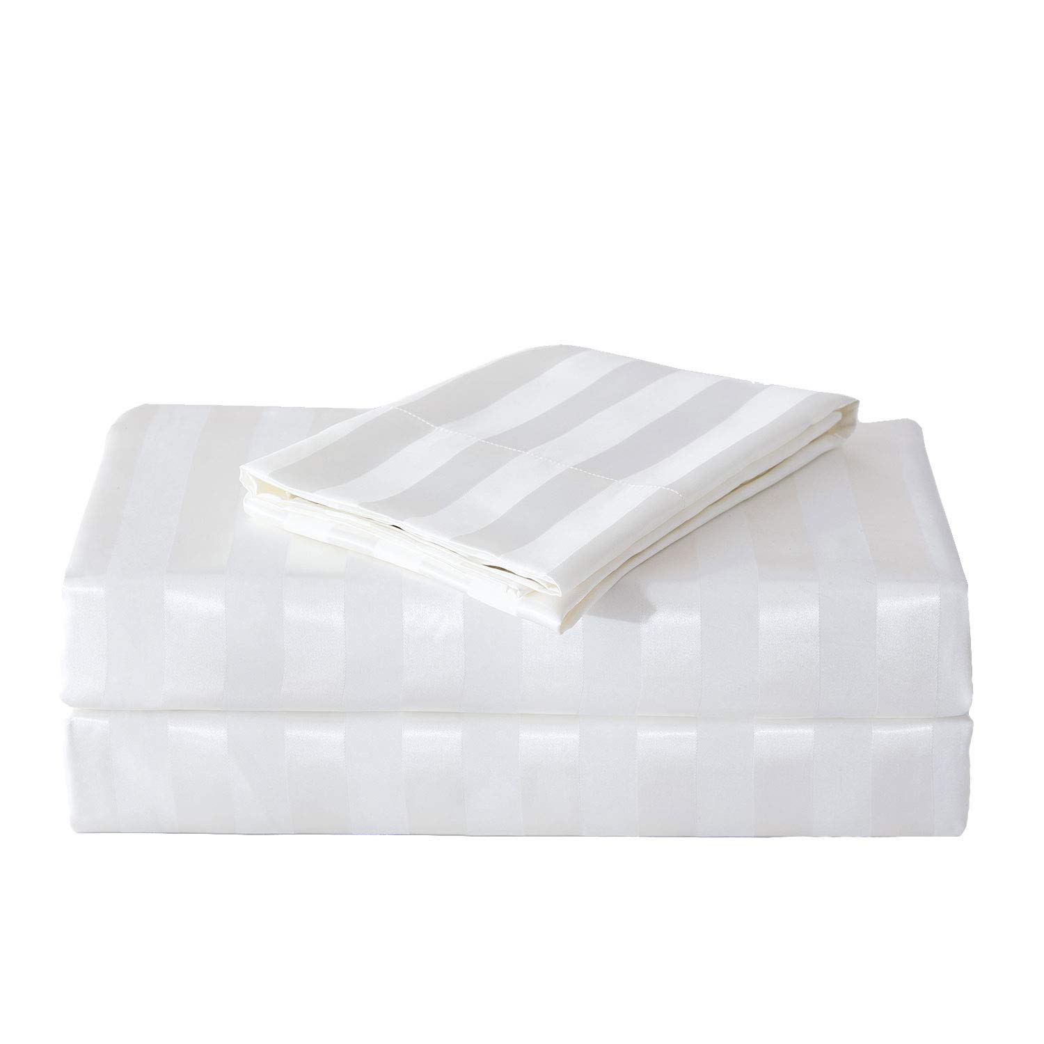 Lanest Housing Satin-Silk King Size Bed Sheets Set - Ivory White Cooling Soft Deep Pocket Sheets, Hypoallergenic Wrinkle & Fade Resistant Striped Bedding - Perfect for Luxury Hotels, Master Bedrooms & Hot Sleepers
