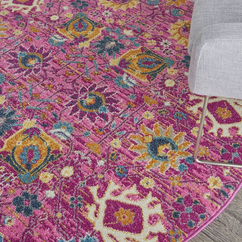 HomeRoots 100% Polypropylene 5-Foot Round Fuchsia & Orange Distressed Area Rug - Soft Boho Chic Floor Mat for Living Room, Bedroom & Dorm Decor