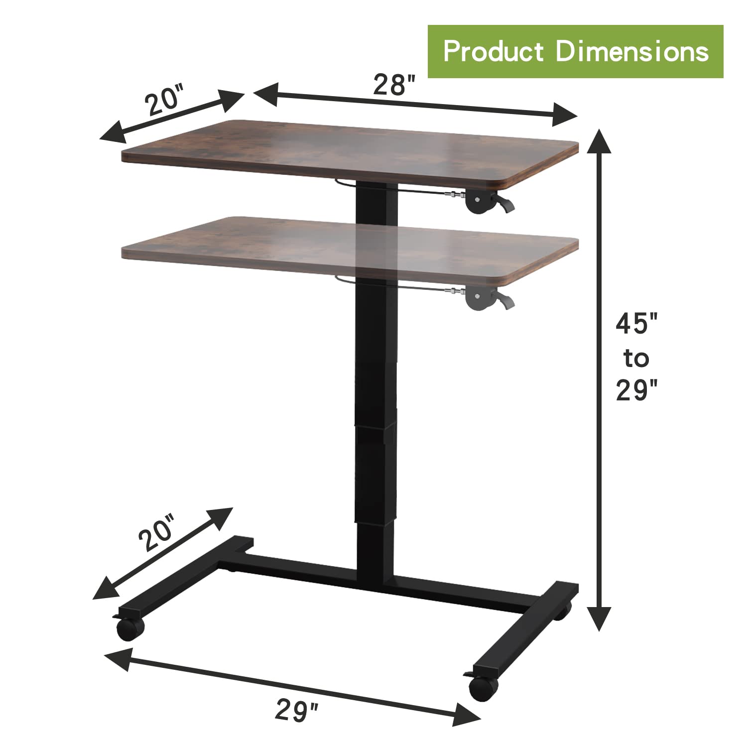 Height Adjustable Mobile Standing Desk - 28 x 20