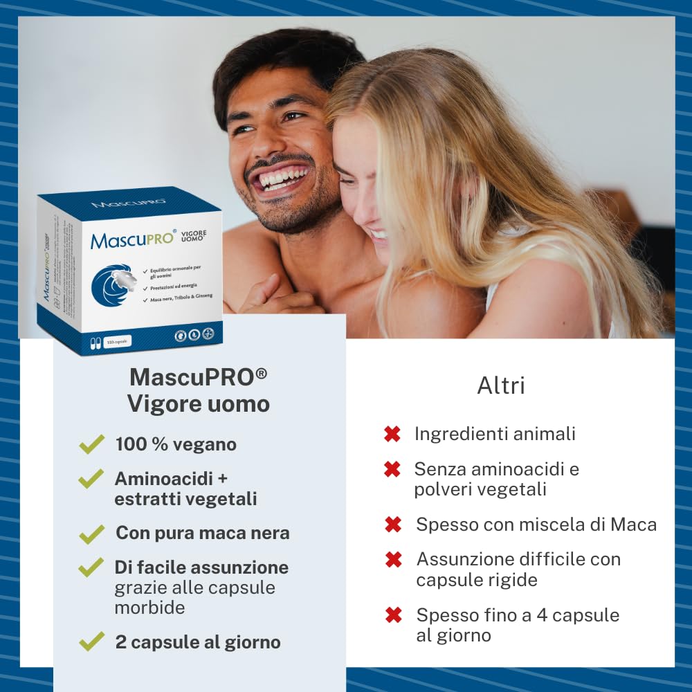 MascuPRO® Vigore Uomo Black Maca Extract 20:1 with Tribulus Terrestris, Cordyceps, Fenugreek, Zinc & Ginseng | 180 Capsules for Energy & Performance | Men's Health Supplement for Stamina, Vitality & Workout Recovery